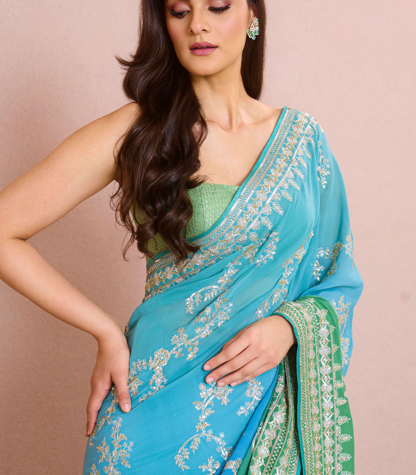 BLUE GREEN OMBRE AARI LEHERIYA SAREE SET