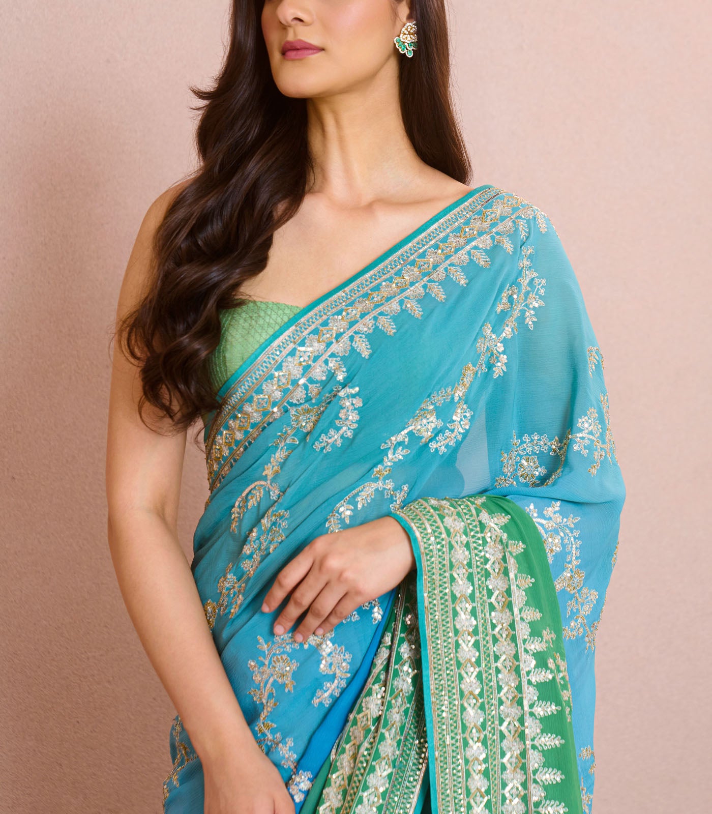 BLUE GREEN OMBRE AARI LEHERIYA SAREE SET