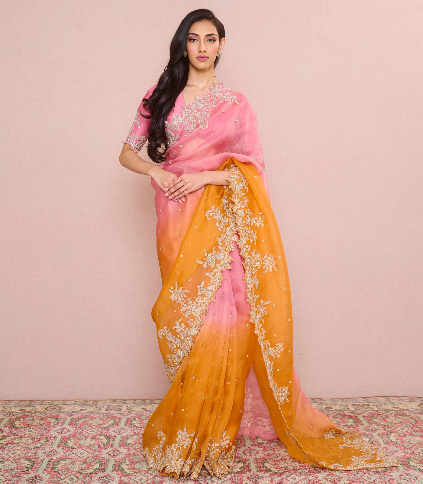 ORANGE TO PINK VAJRA SAREE SET