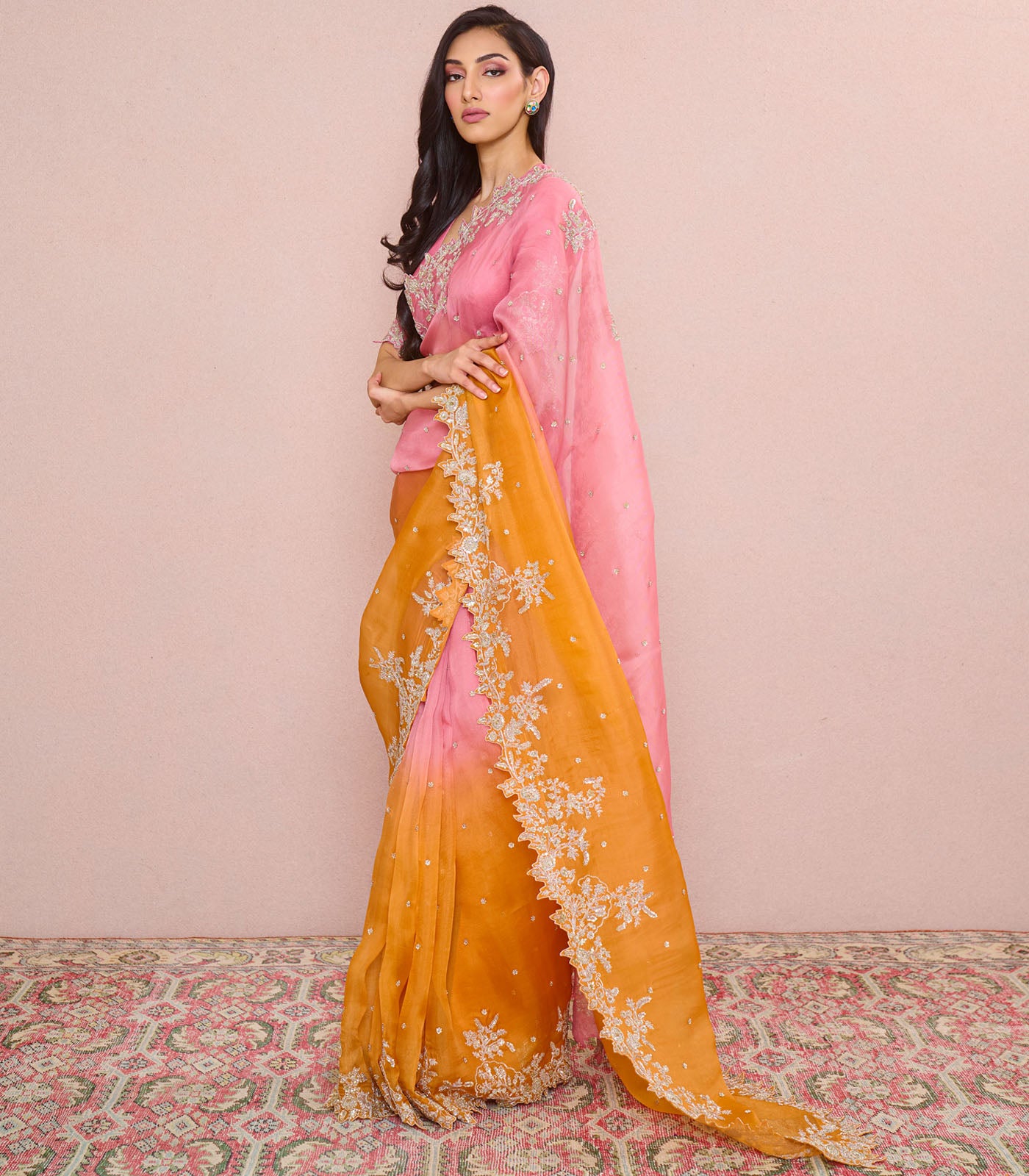 ORANGE TO PINK VAJRA SAREE SET