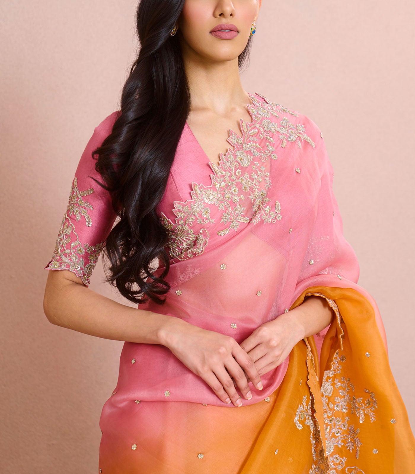 ORANGE TO PINK VAJRA SAREE SET