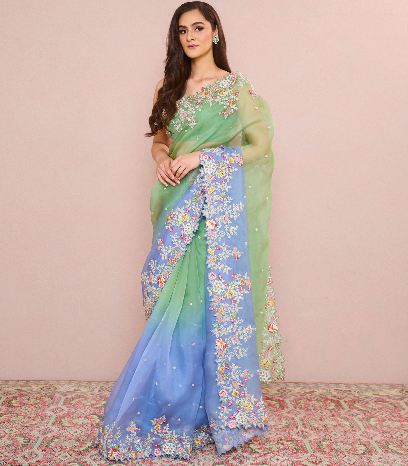 BLUE GREEN OMBRE UTSA SAREE SET