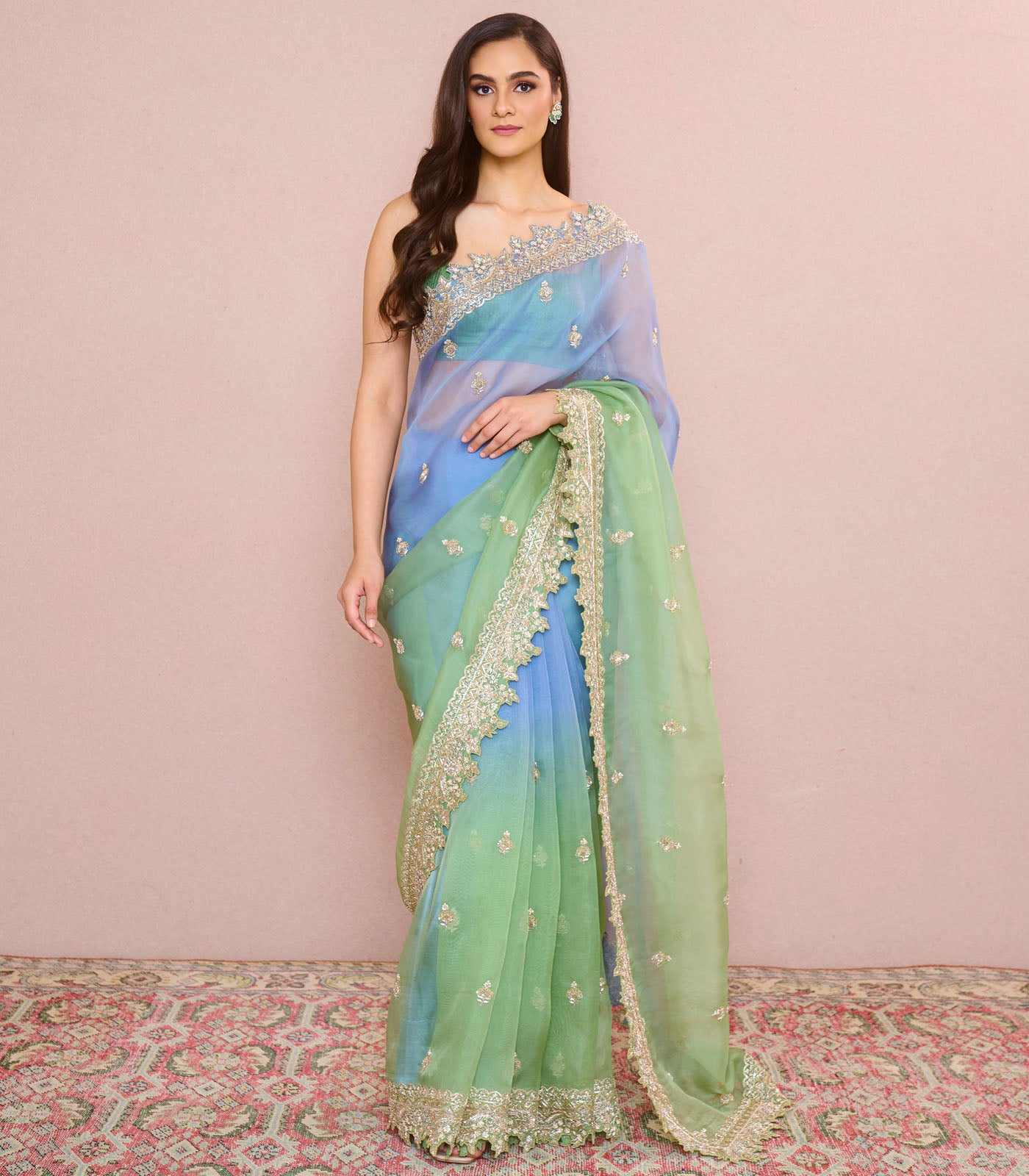 GREEN TO BLUE OMBRE SHARMAINE SAREE SET
