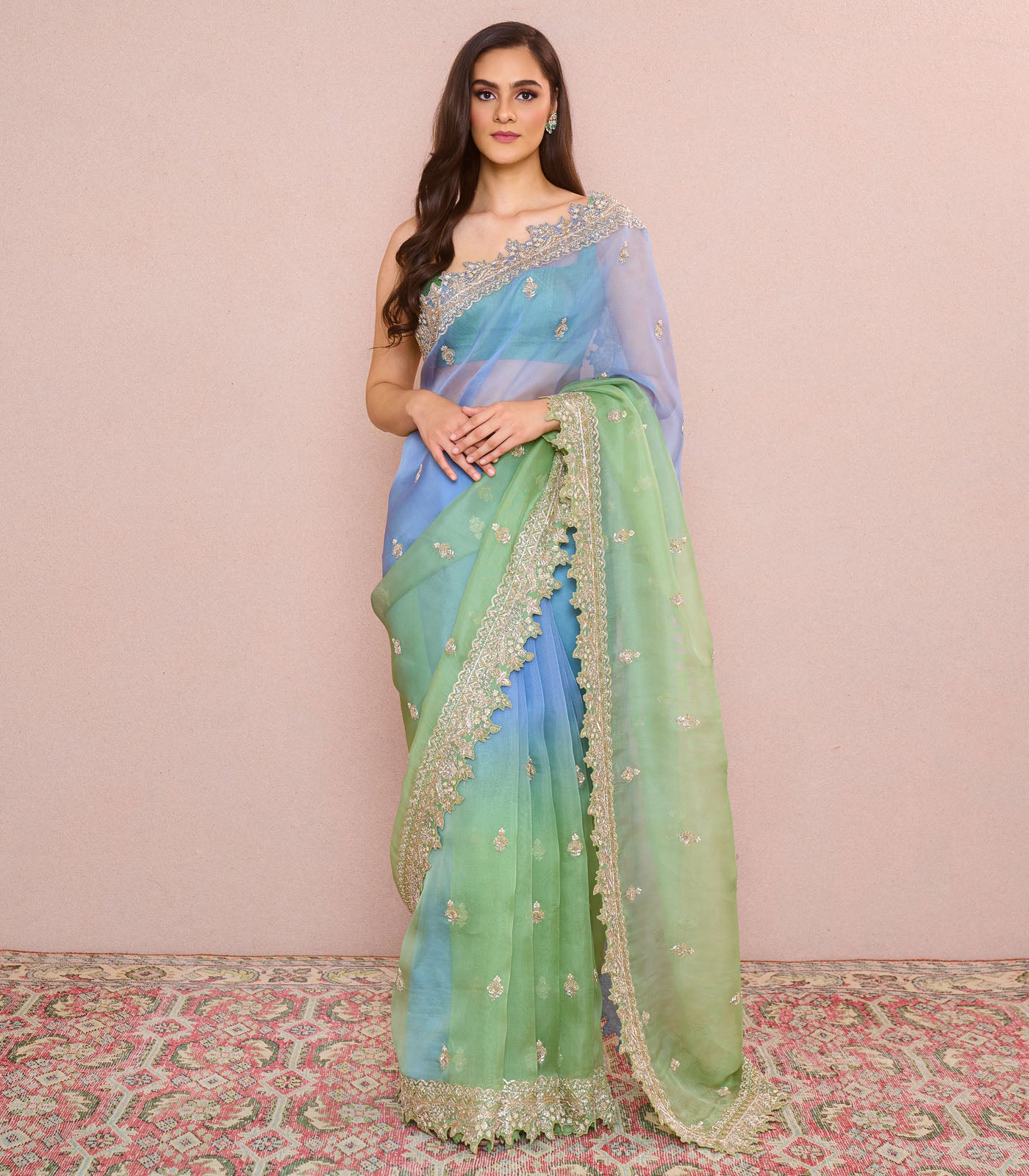 GREEN TO BLUE OMBRE SHARMAINE SAREE SET
