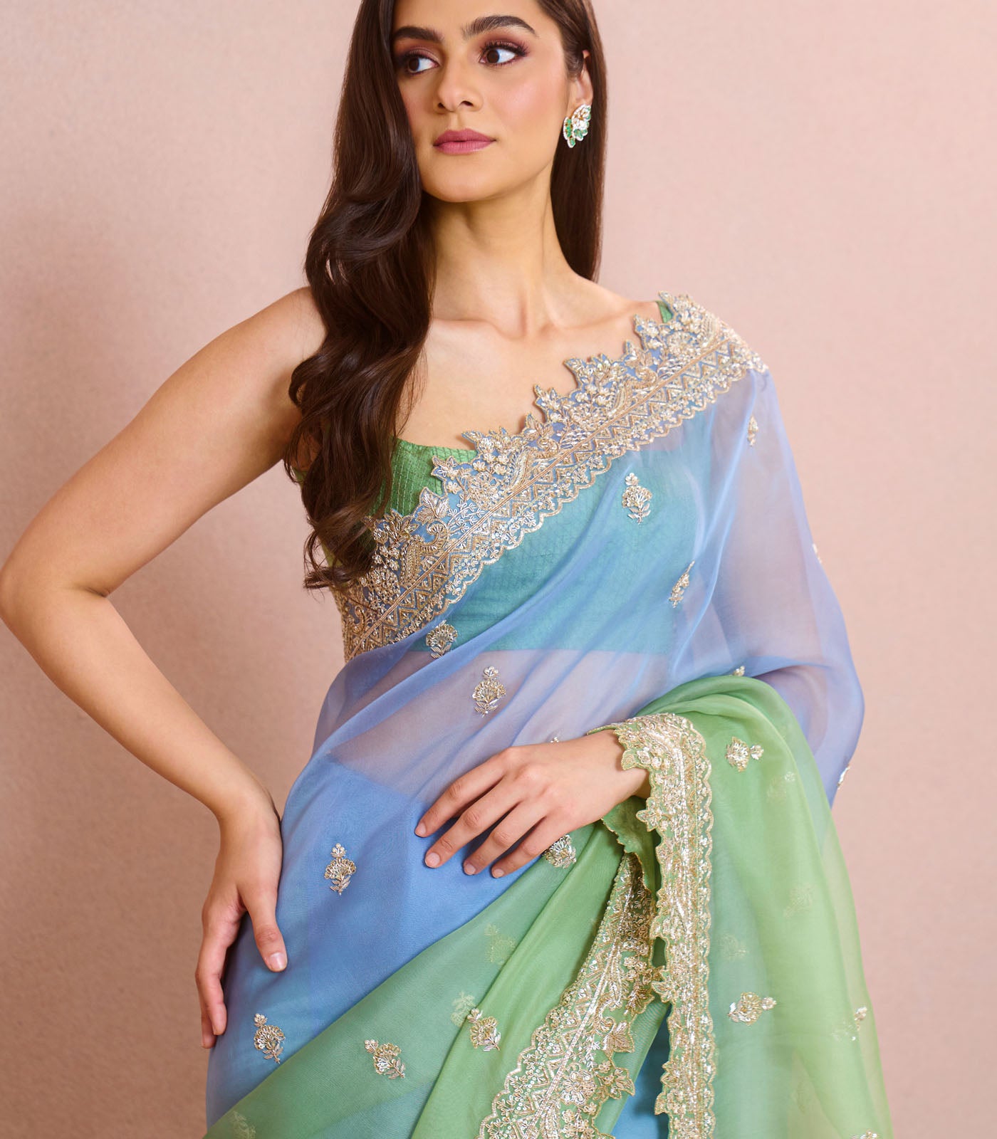 GREEN TO BLUE OMBRE SHARMAINE SAREE SET