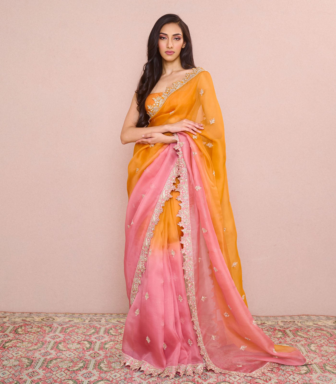 ORANGE TO PINK ZARDOZI BIG CUTWORK BORDER SAREE SET