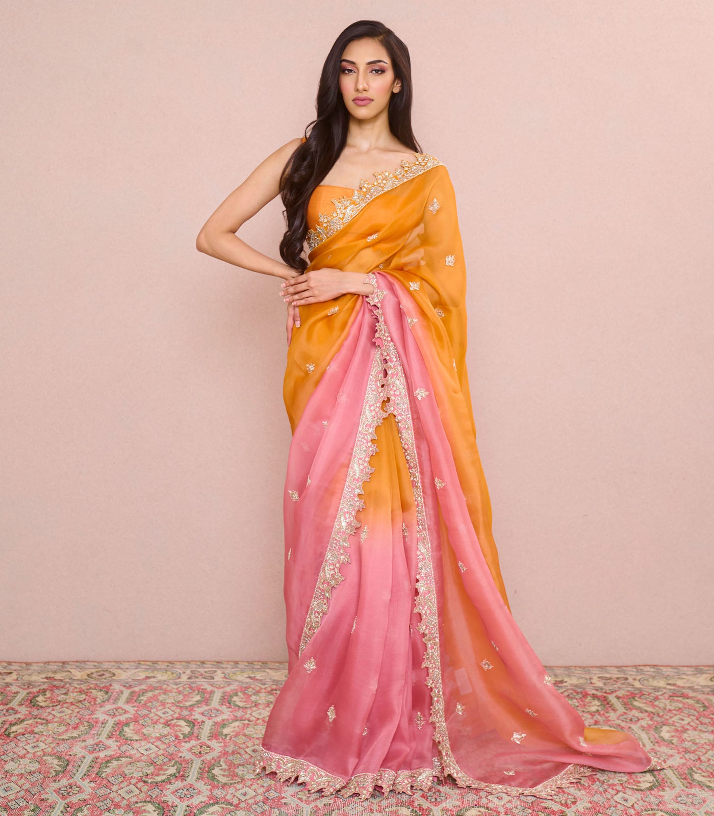 ORANGE TO PINK ZARDOZI BIG CUTWORK BORDER SAREE SET