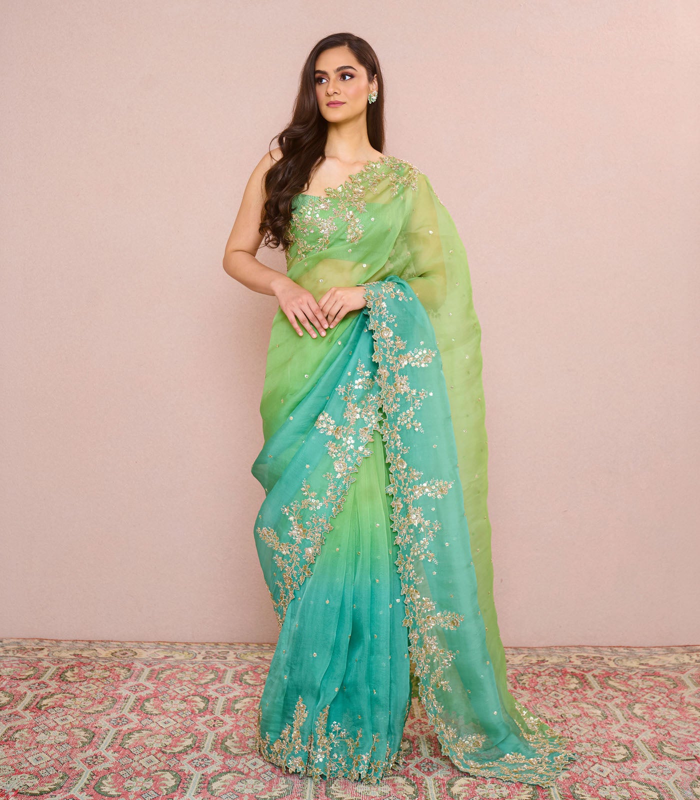 GREEN TO BLUE OMBRE SEHAJ SAREE SET