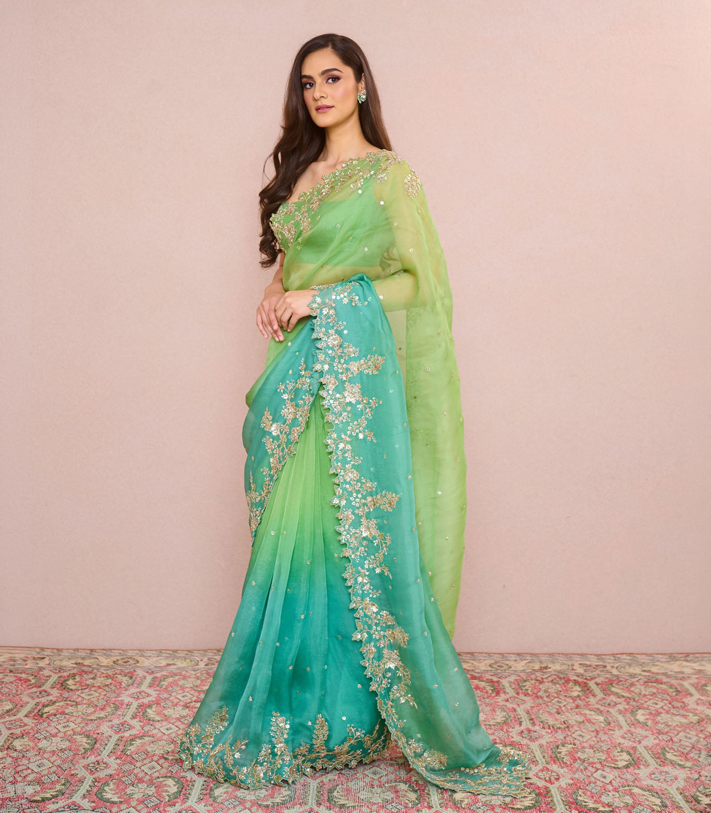 GREEN TO BLUE OMBRE SEHAJ SAREE SET