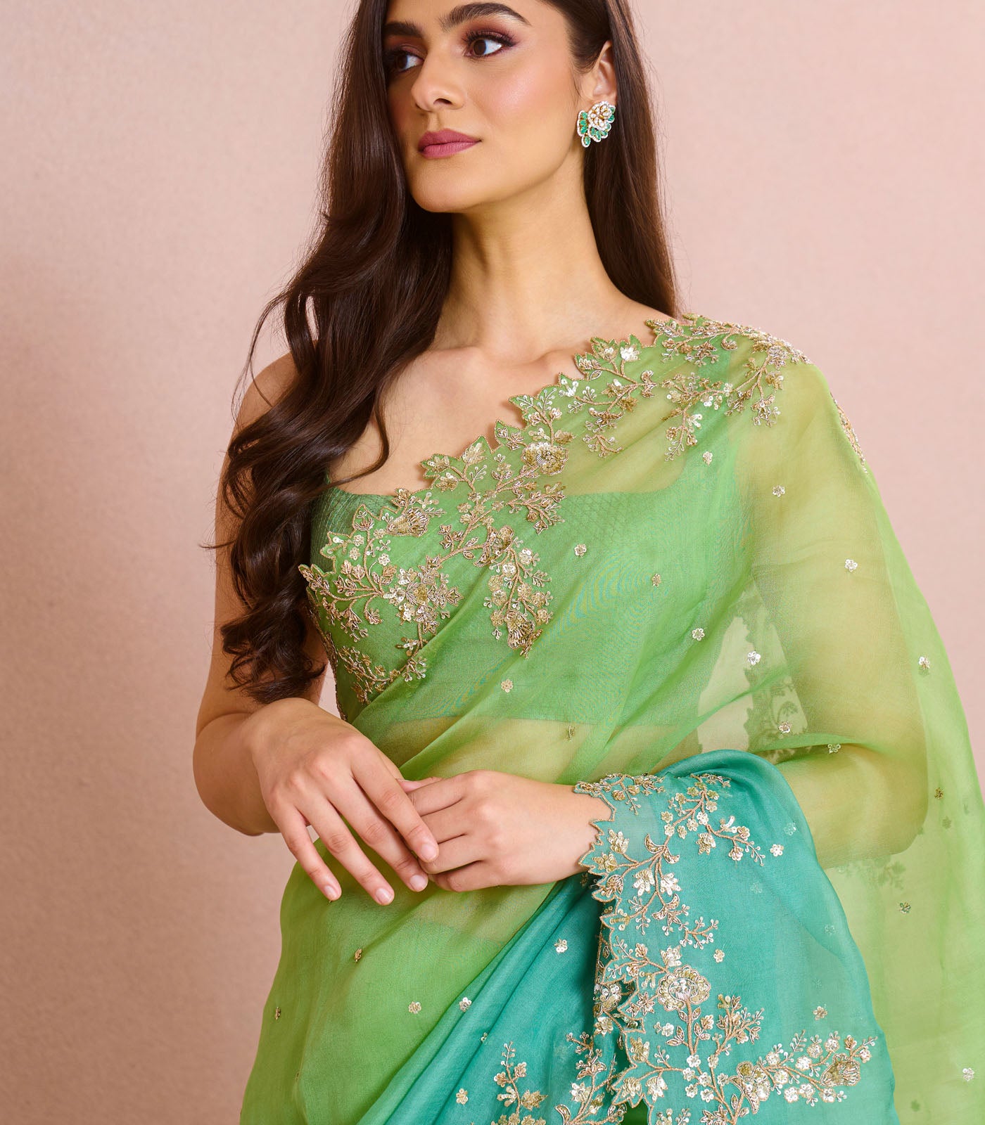 GREEN TO BLUE OMBRE SEHAJ SAREE SET