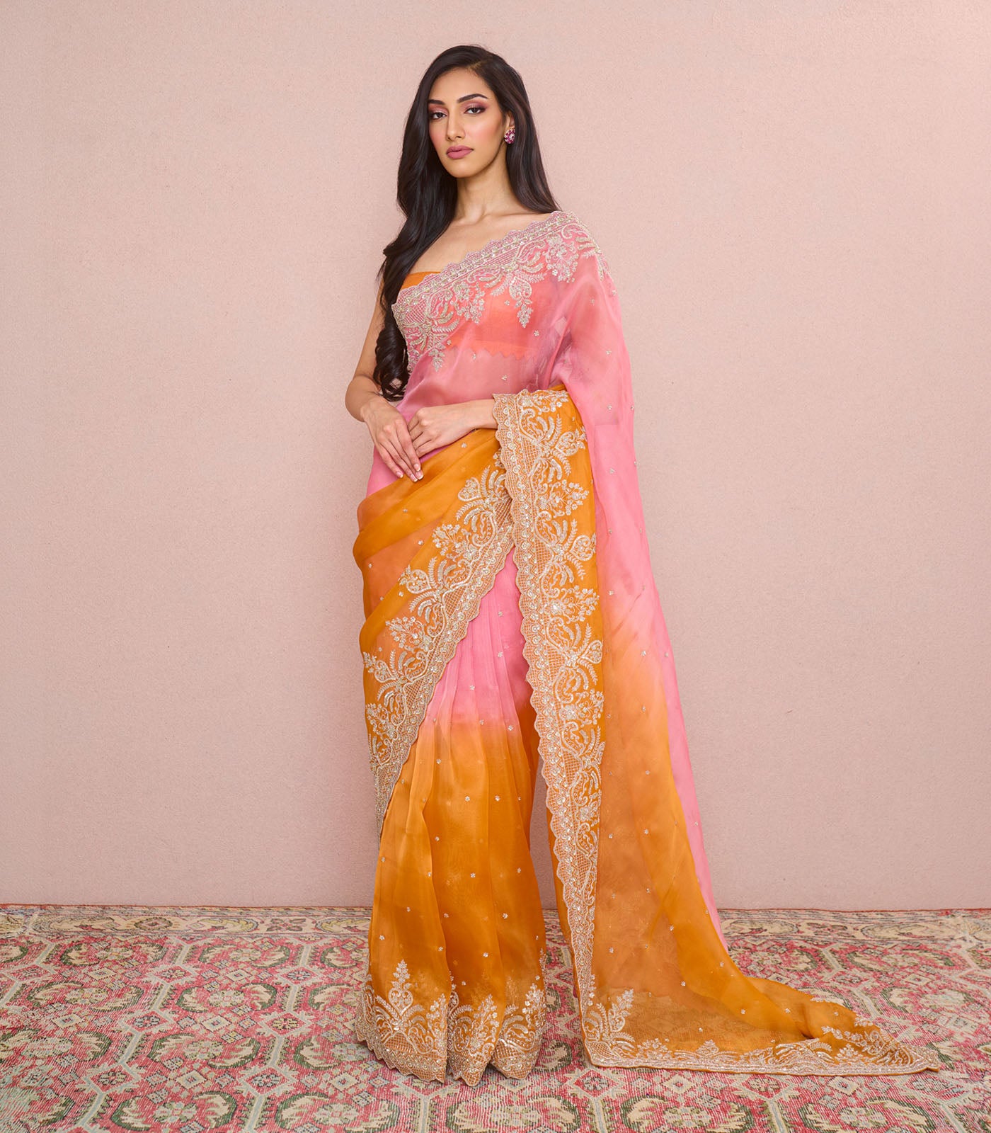 ORANGE TO PINK OMBRE SHAR SAREE SET