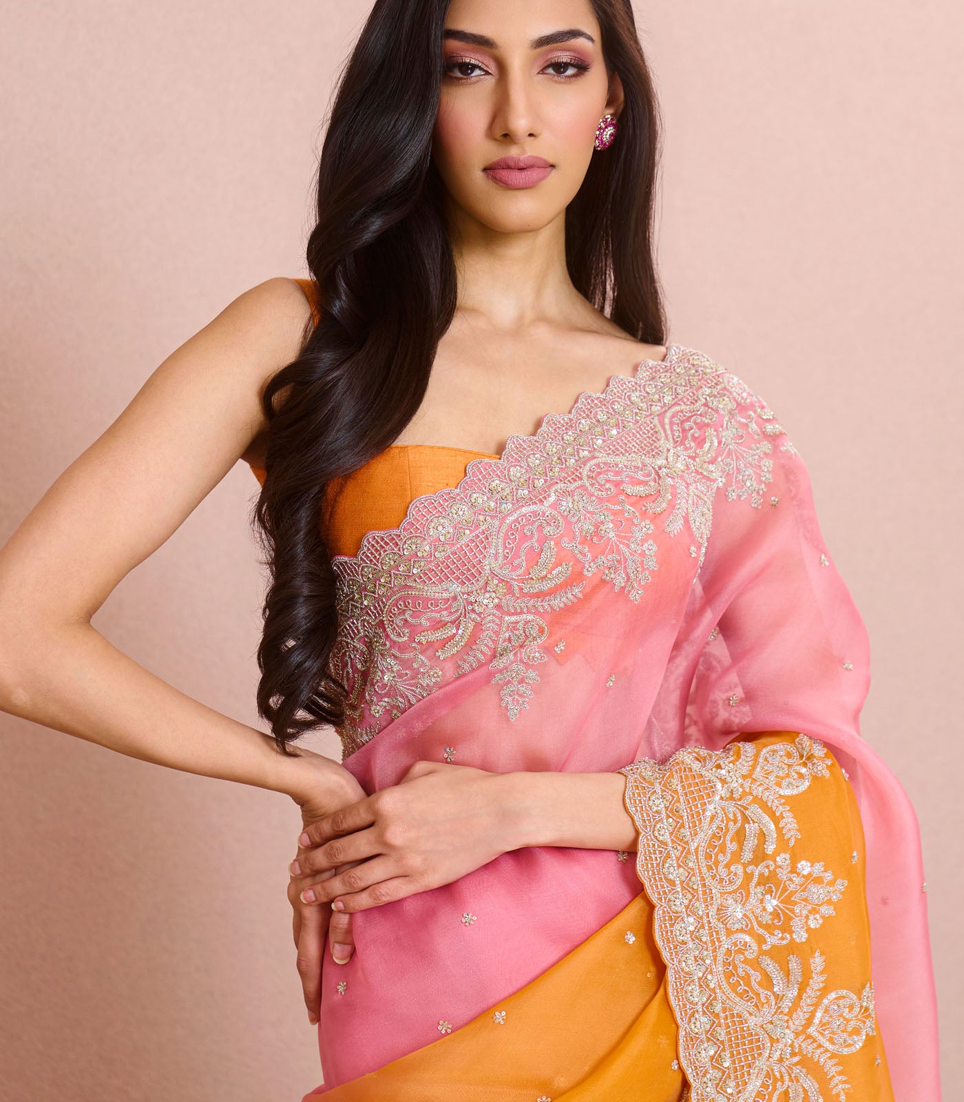 ORANGE TO PINK OMBRE SHAR SAREE SET