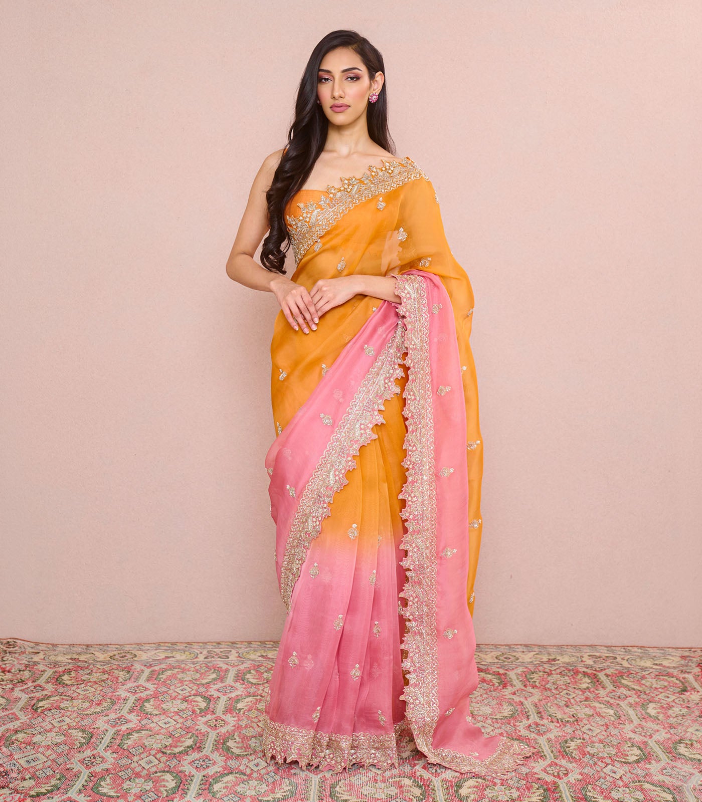 ORANGE TO PINK OMBRE SHARMAINE SAREE SET