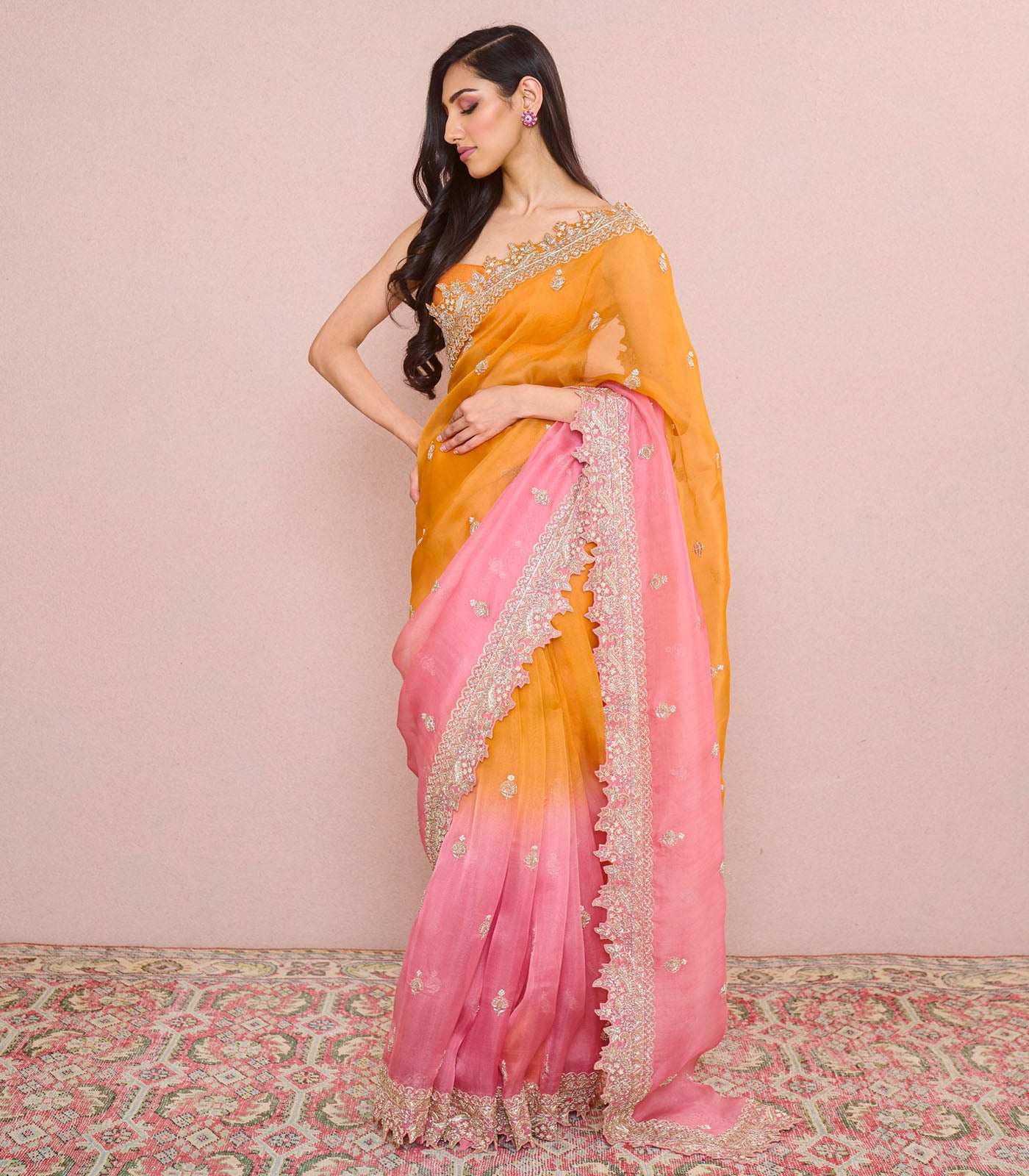 ORANGE TO PINK OMBRE SHARMAINE SAREE SET