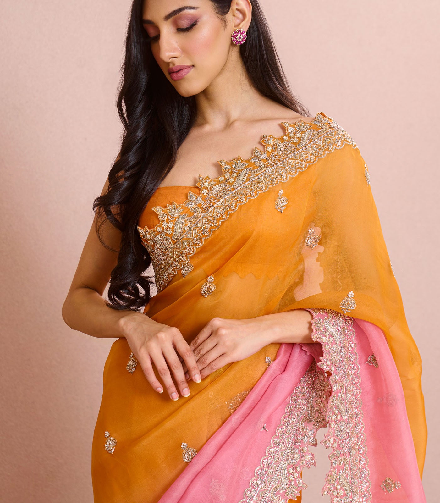 ORANGE TO PINK OMBRE SHARMAINE SAREE SET