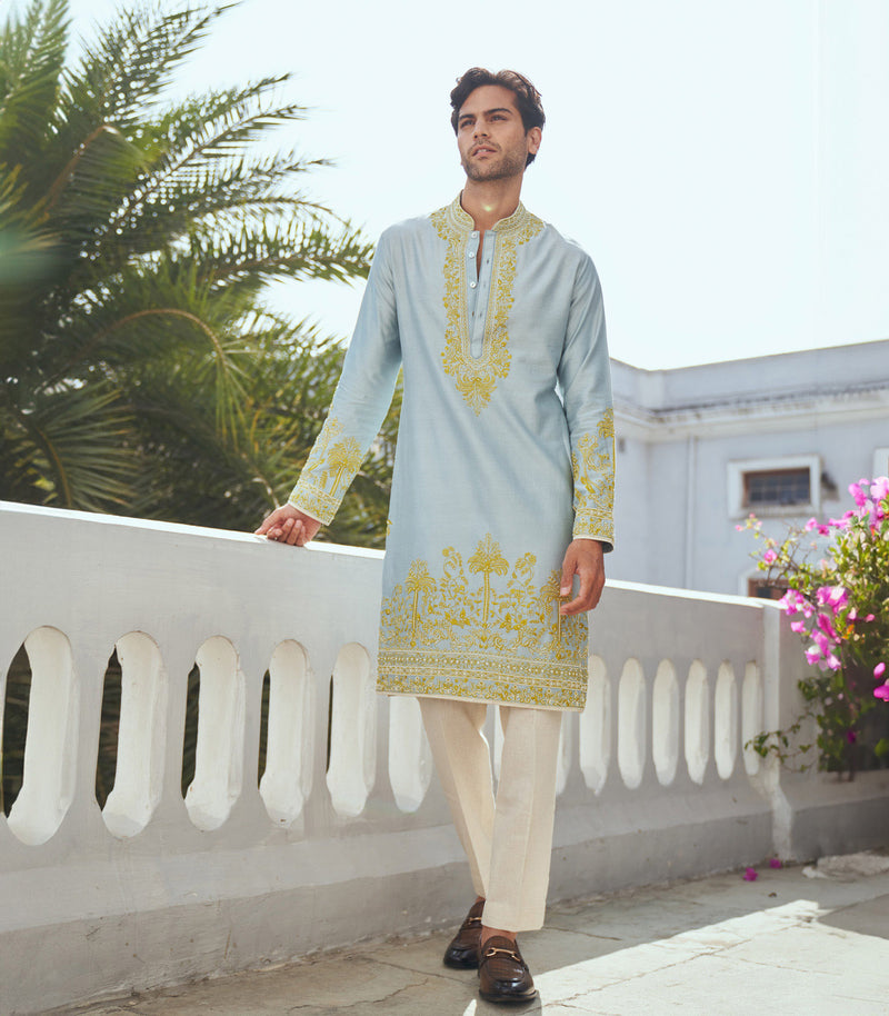 AQUA BLUE CHANDERI KURTA SET