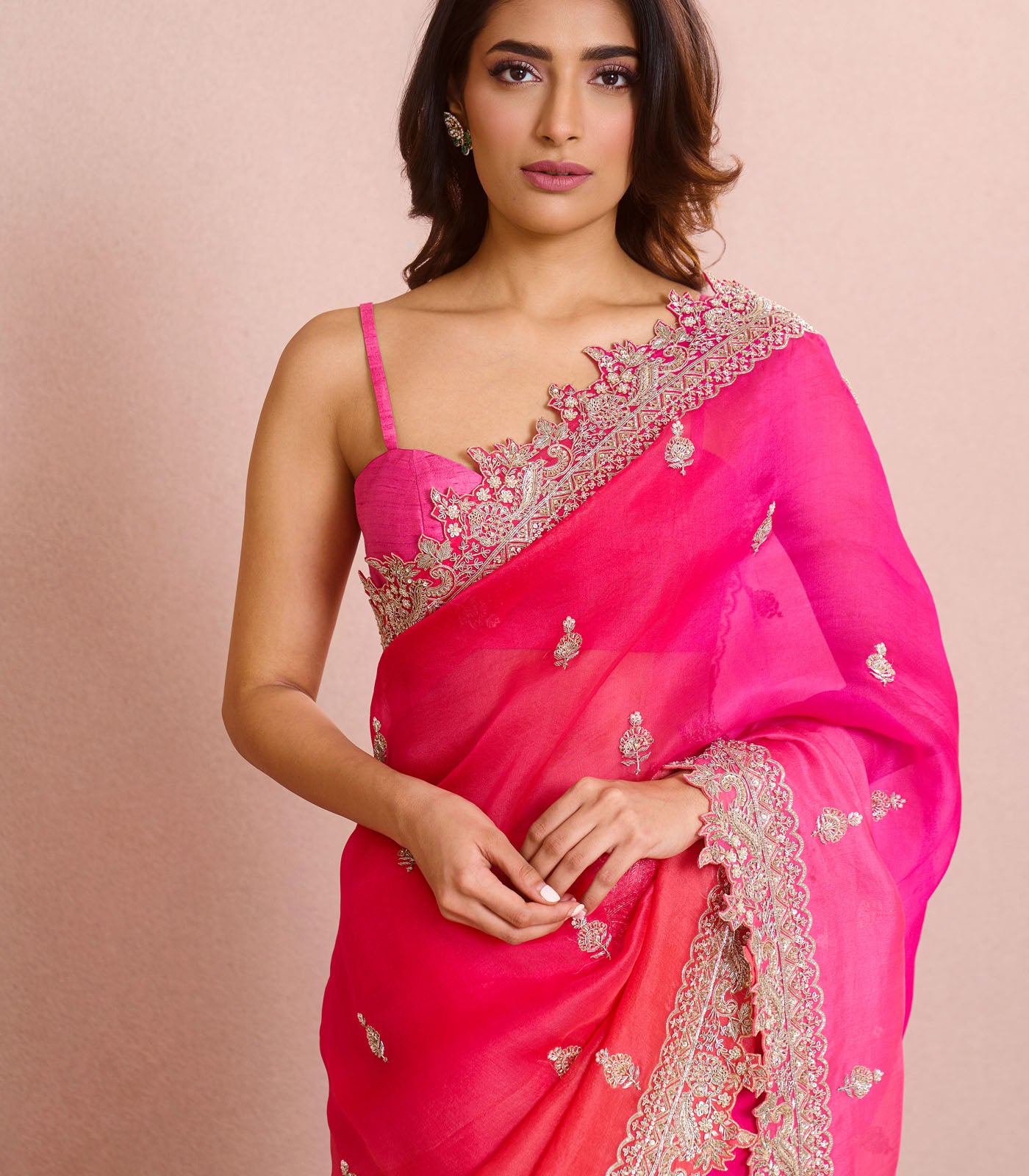 PINK TO RED OMBRE SHARMAINE SAREE SET