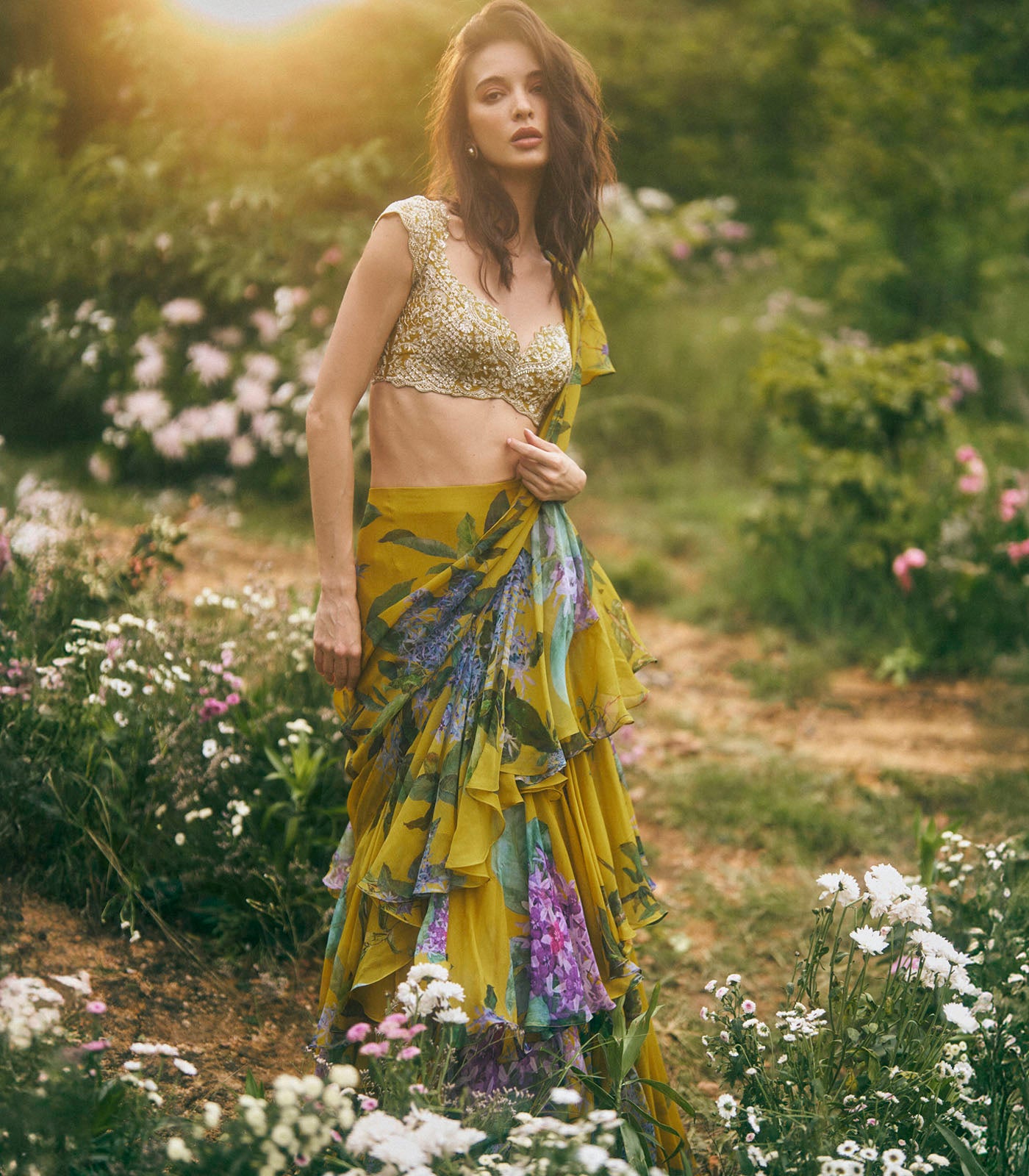 Akhila Printed Ruffle Saree Set