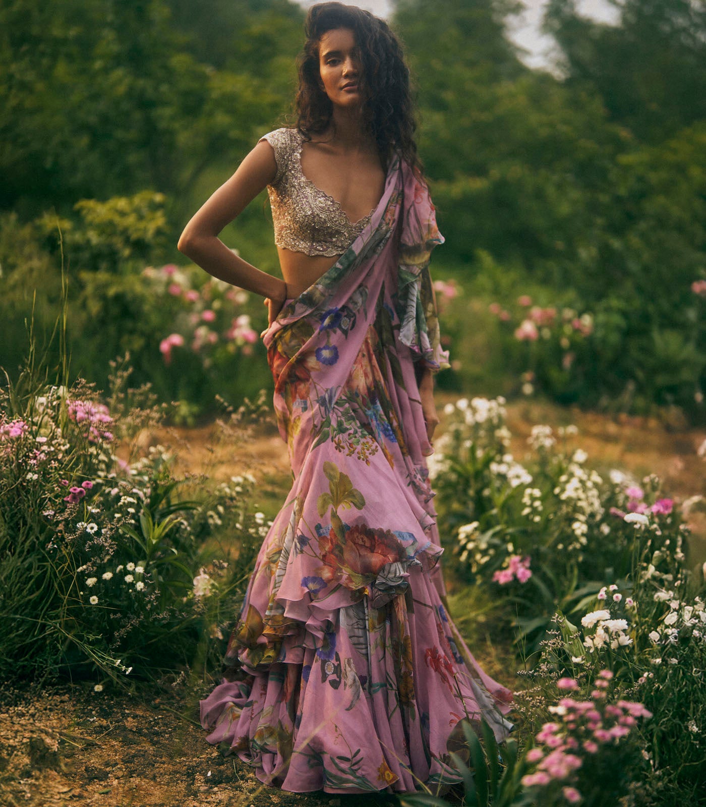 Akhila Printed Ruffle Saree Set