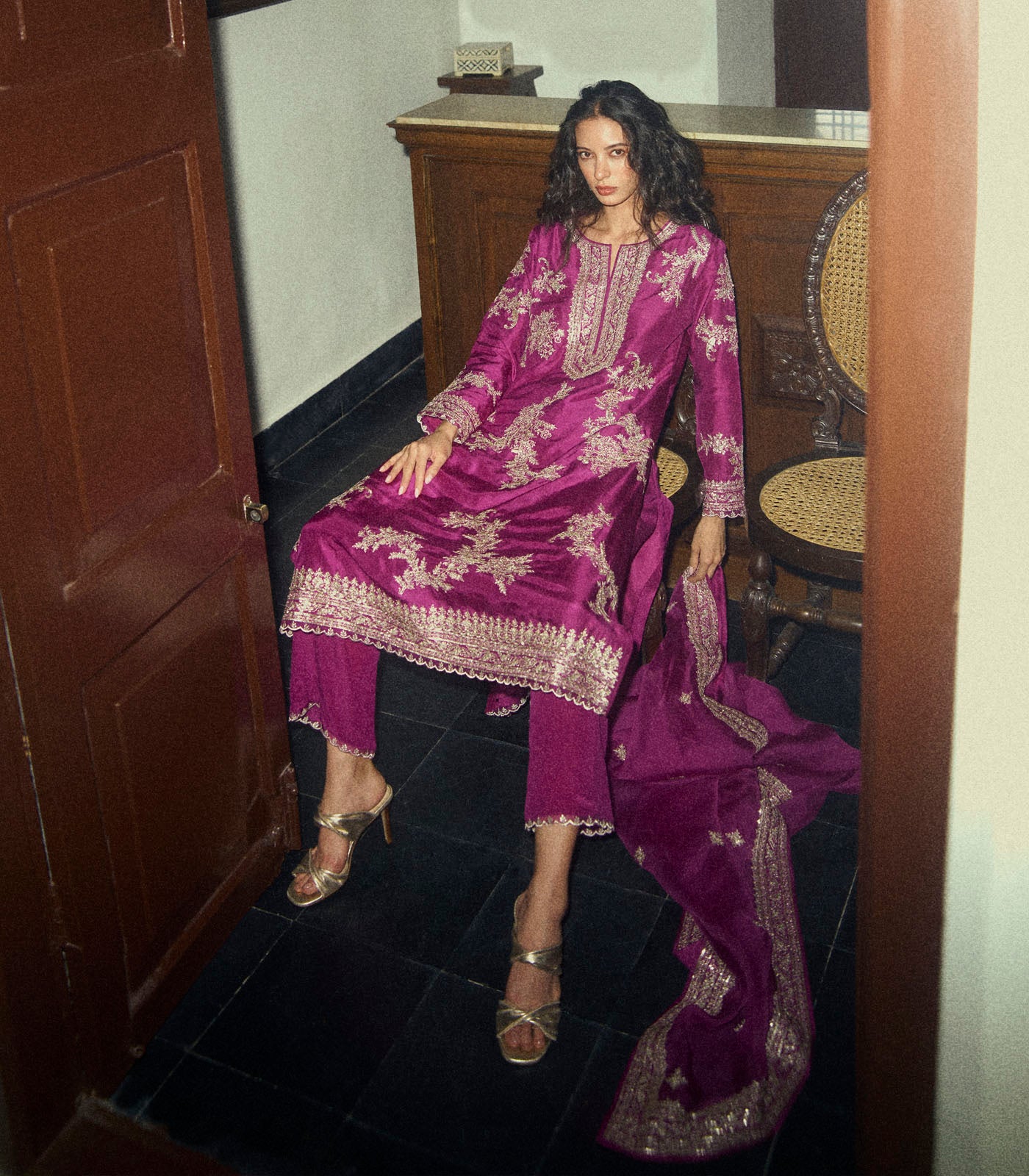 Zari Arri Work A Line Kurta Set