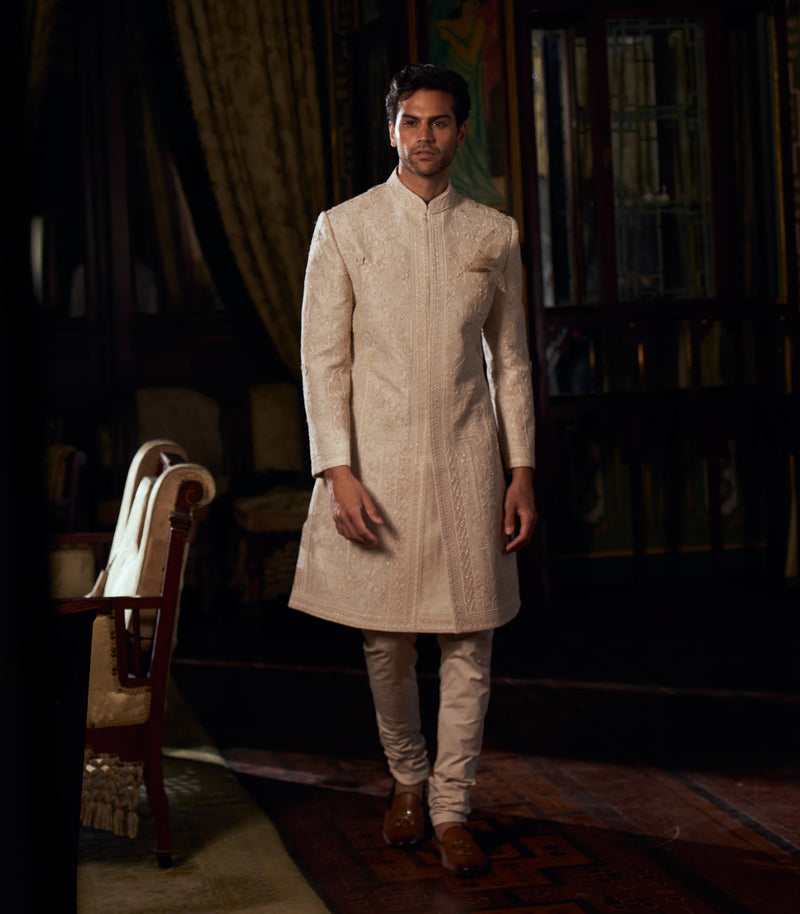 IVORY RAW SILK SHERWANI SET