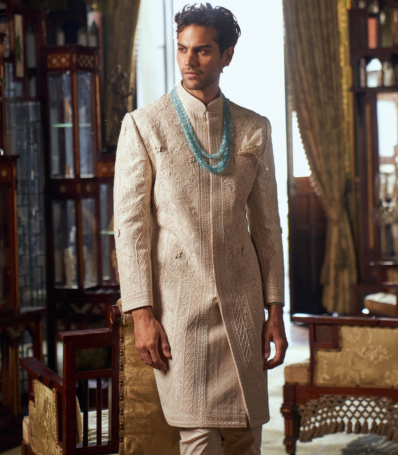 IVORY RAW SILK SHERWANI SET