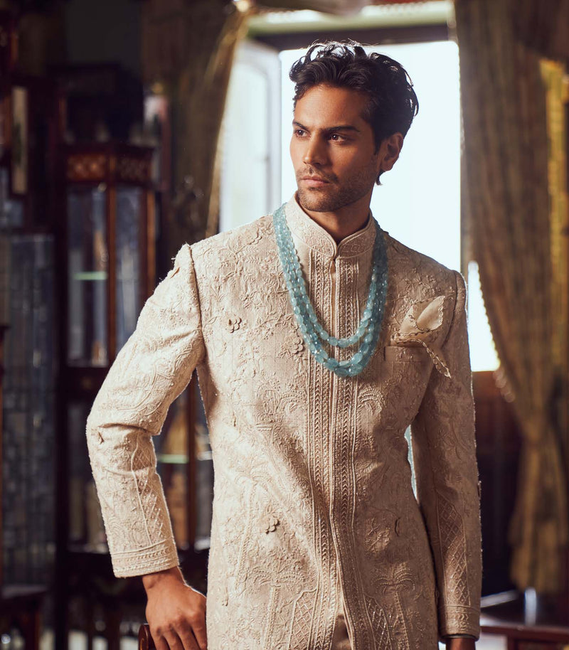 IVORY RAW SILK SHERWANI SET