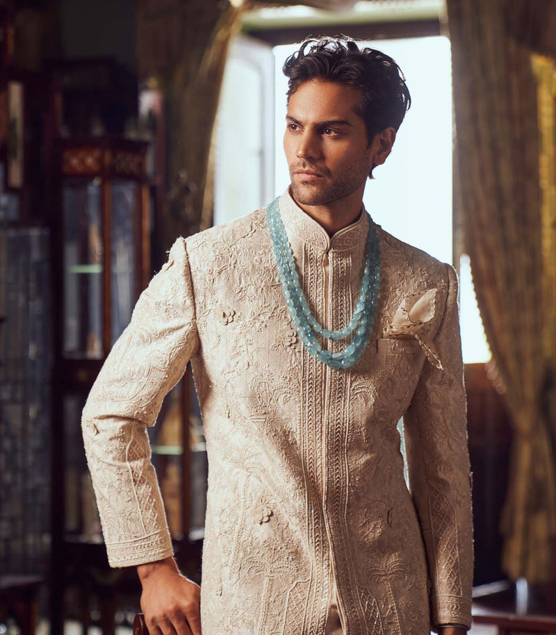 IVORY RAW SILK SHERWANI SET