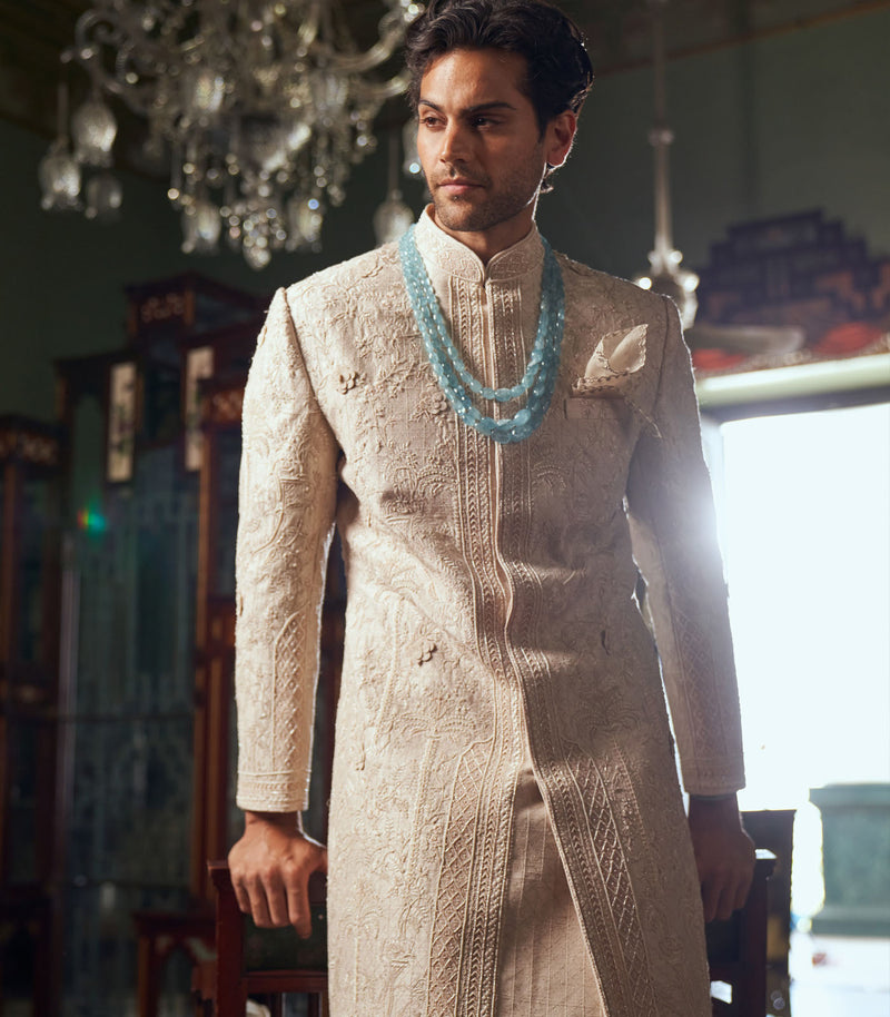 IVORY RAW SILK SHERWANI SET