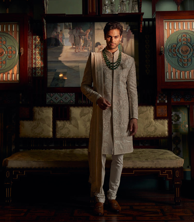 IVORY RAW SILK SHERWANI SET