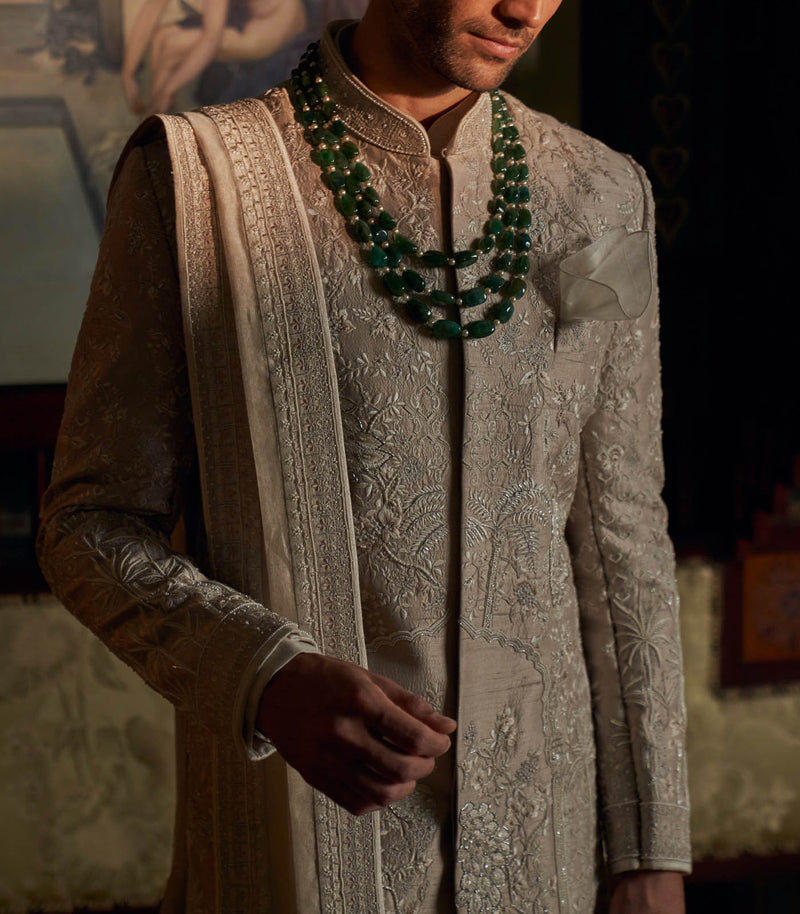 IVORY RAW SILK SHERWANI SET