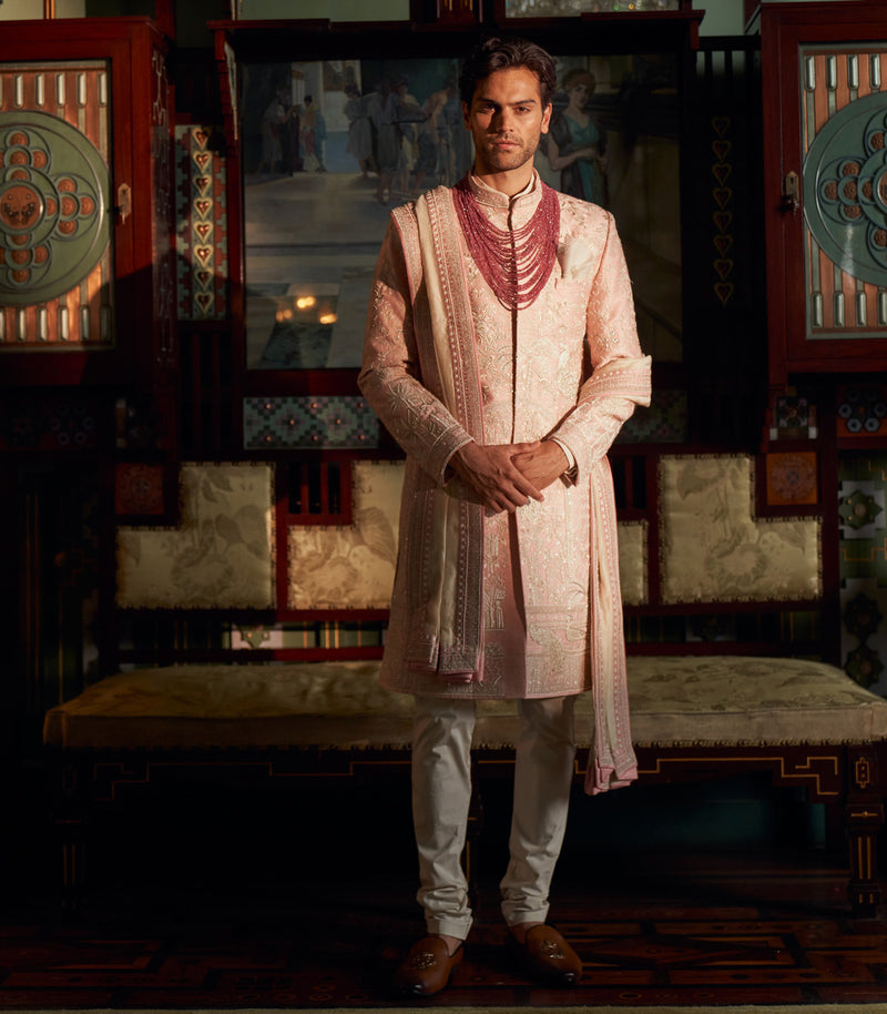 PINK RAW SILK SHERWANI SET