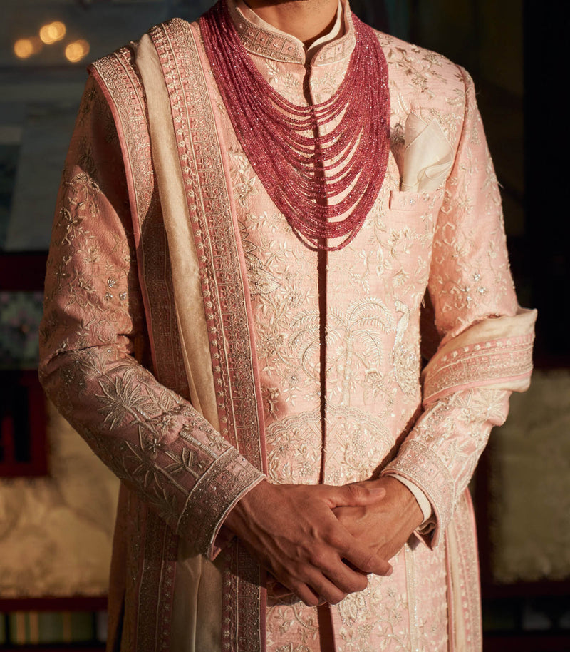 PINK RAW SILK SHERWANI SET