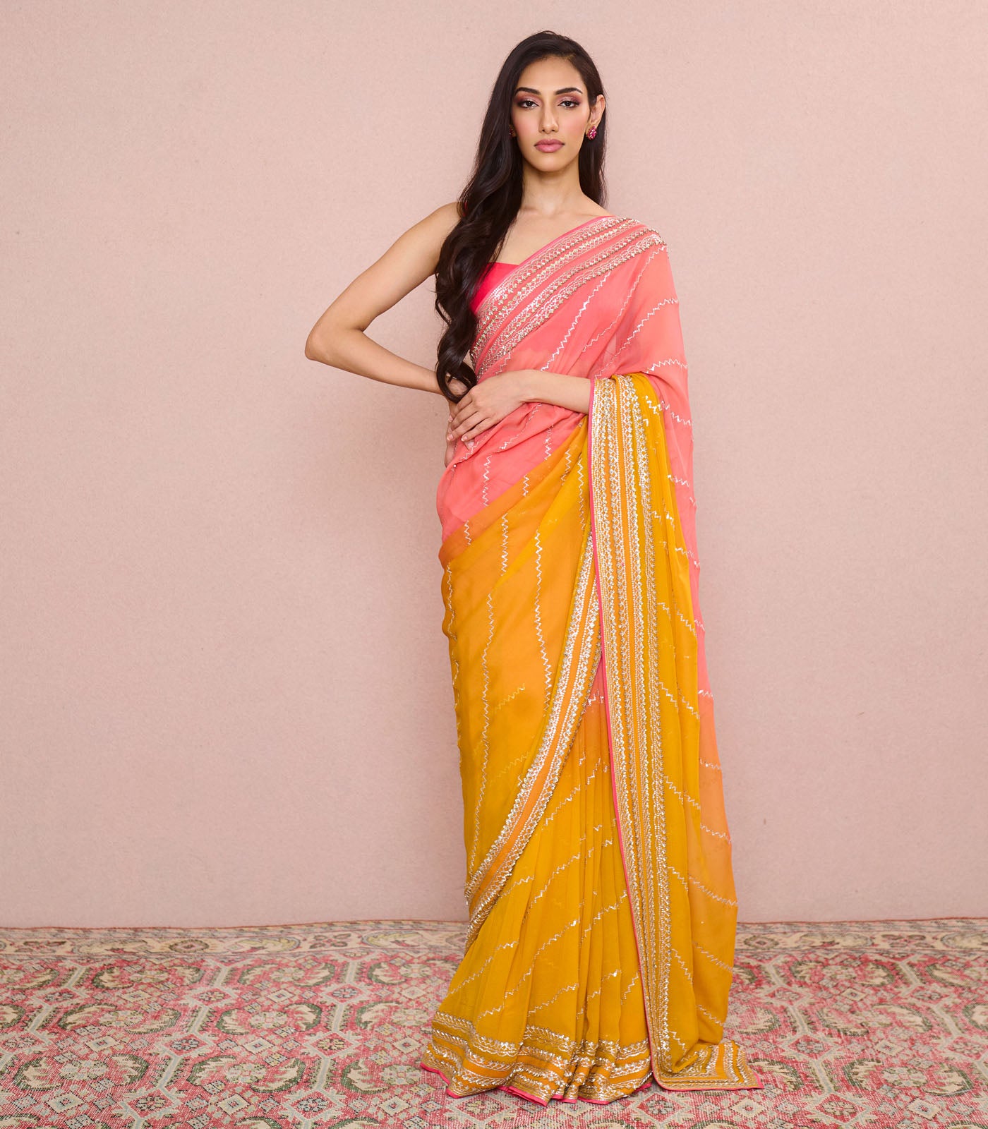 PINK AND ORANGE OMBRE 4 LINE SEQUIN SAREE SET