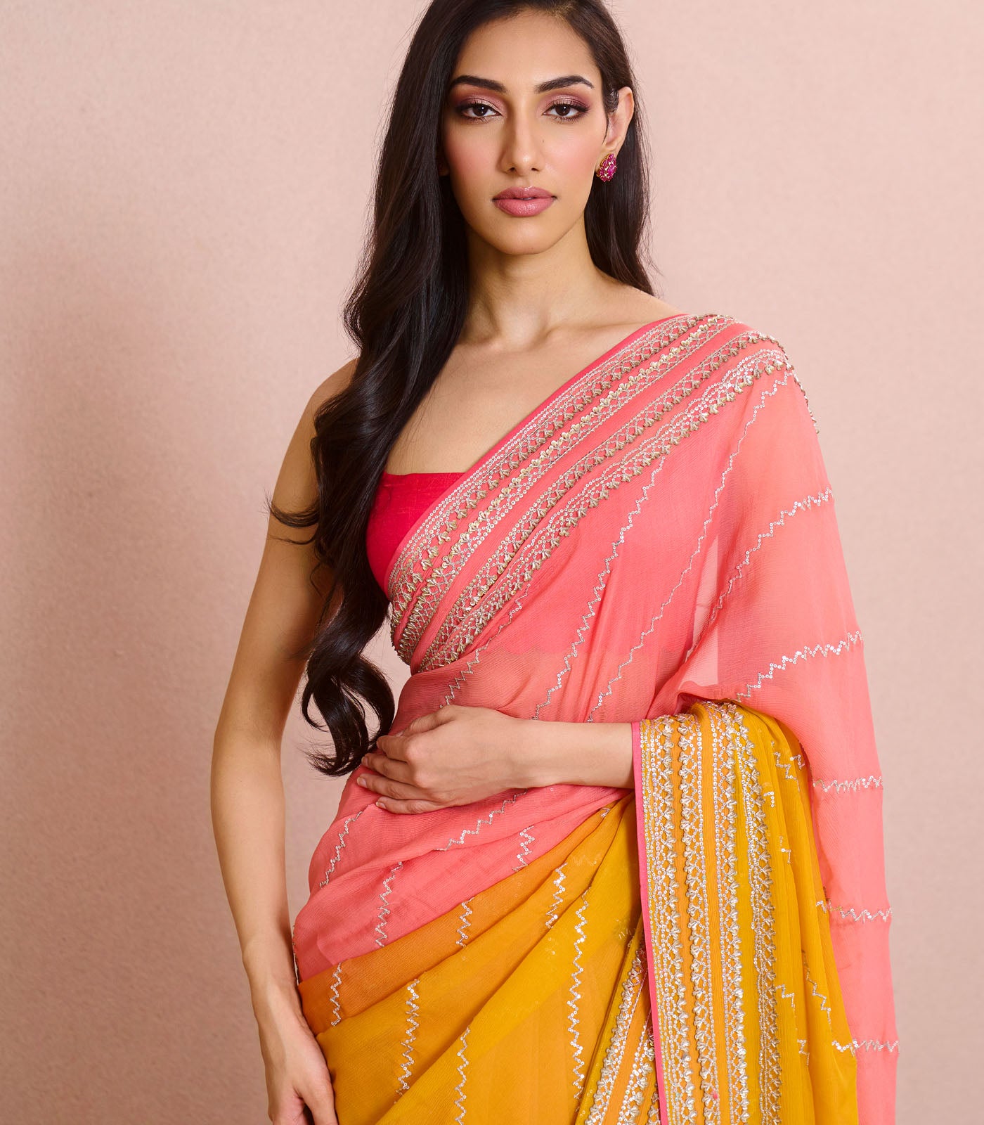 PINK AND ORANGE OMBRE 4 LINE SEQUIN SAREE SET