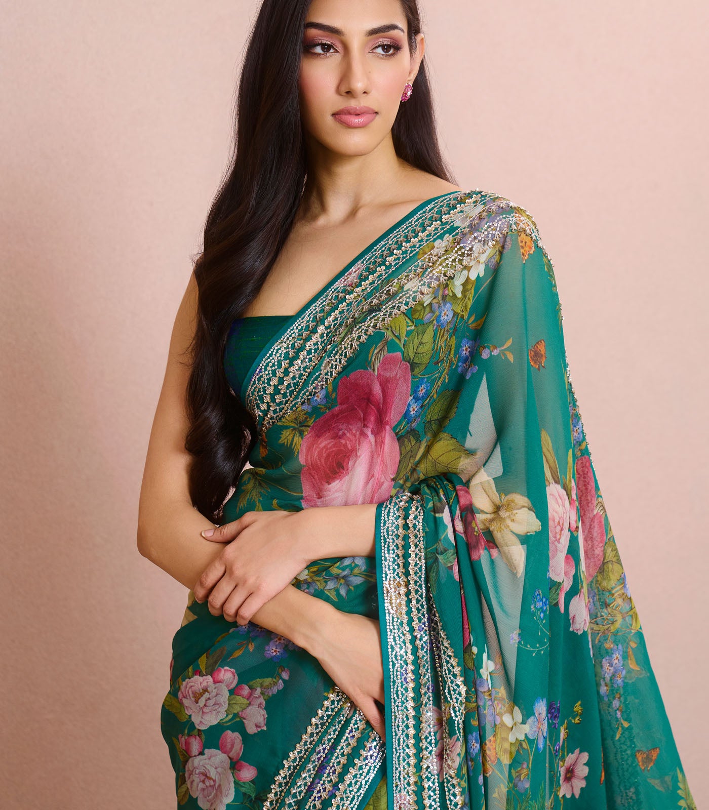 EMERALD GREEN 4 LINE SEQUIN SAREE SET