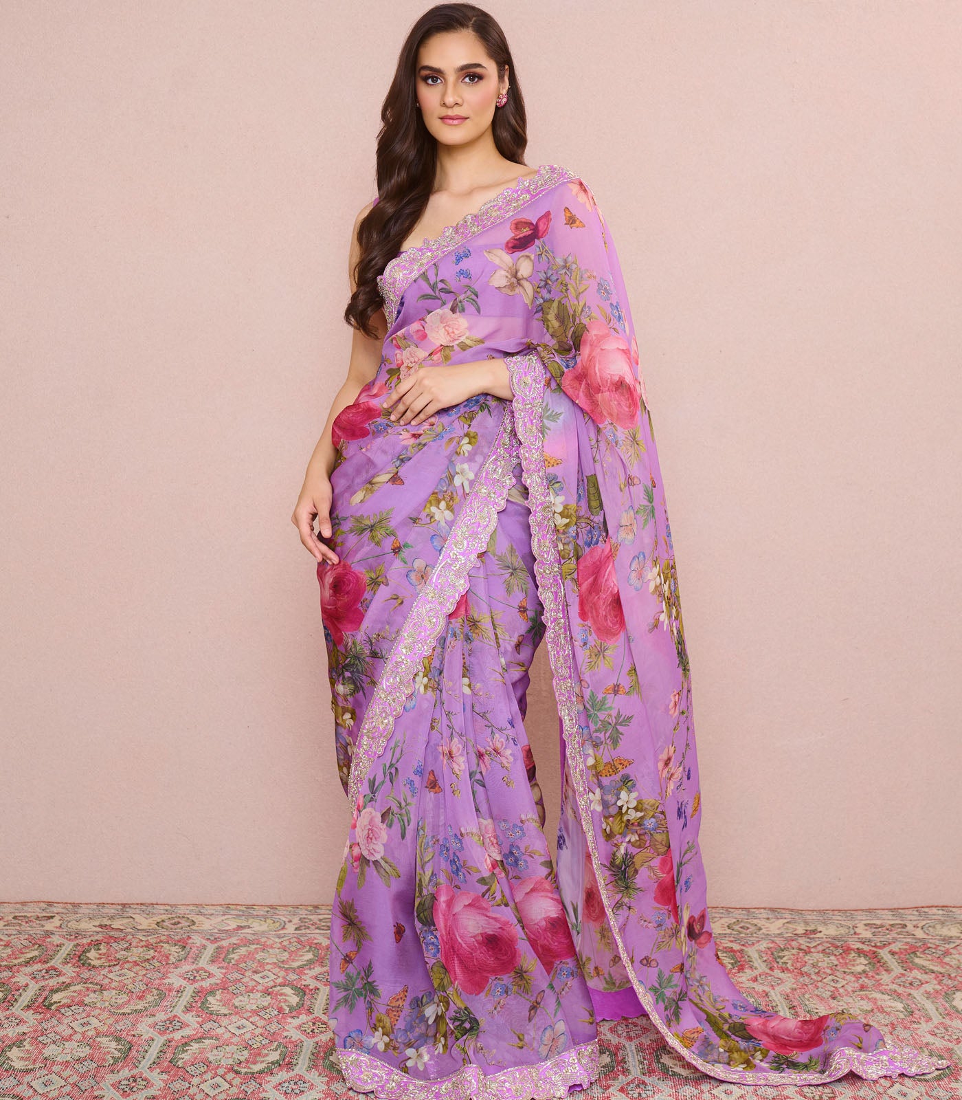 LAVENDER FLORAL ZARDOSI CUTWORK SAREE SET