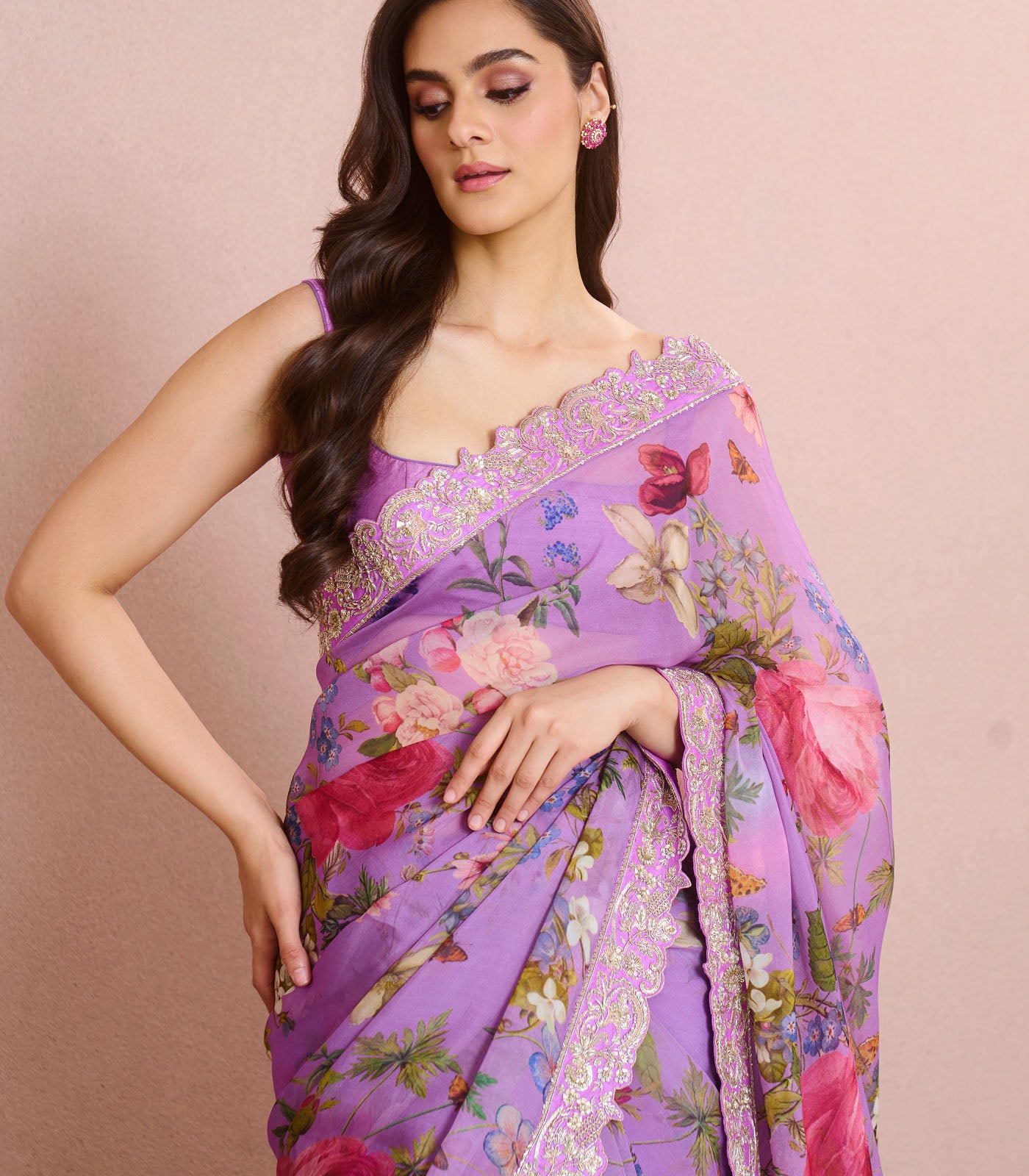 LAVENDER FLORAL ZARDOSI CUTWORK SAREE SET