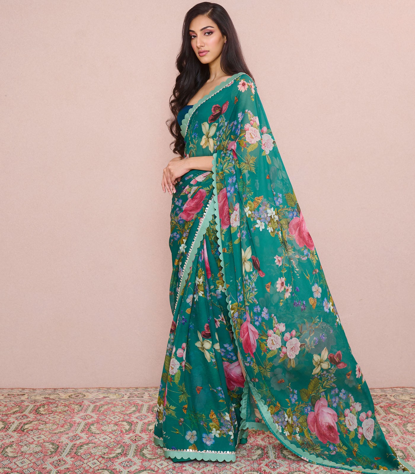 EMERALD GREEN SCALLOP BORDER SAREE SET