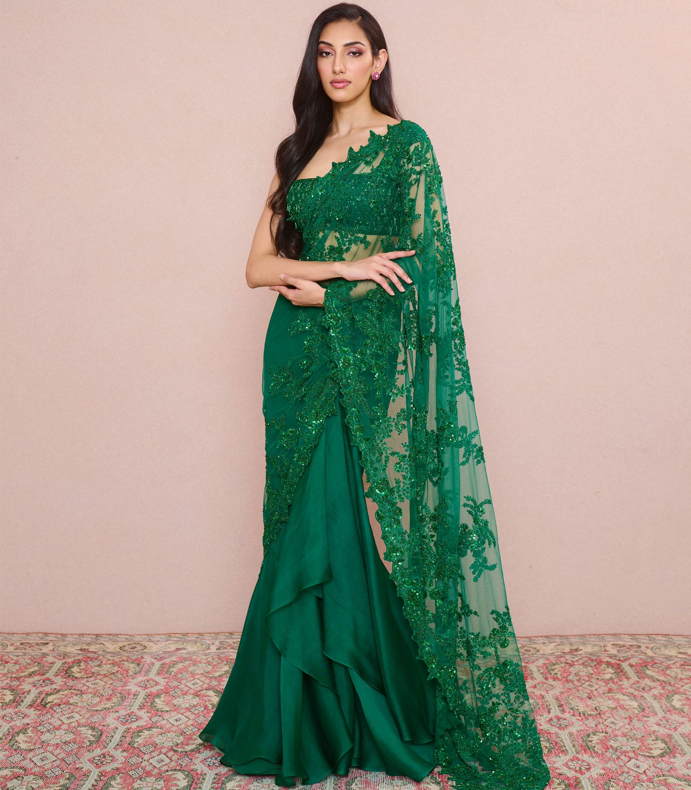 EMERALD GREEN NEW ATHENA RUFFLE SAREE SET