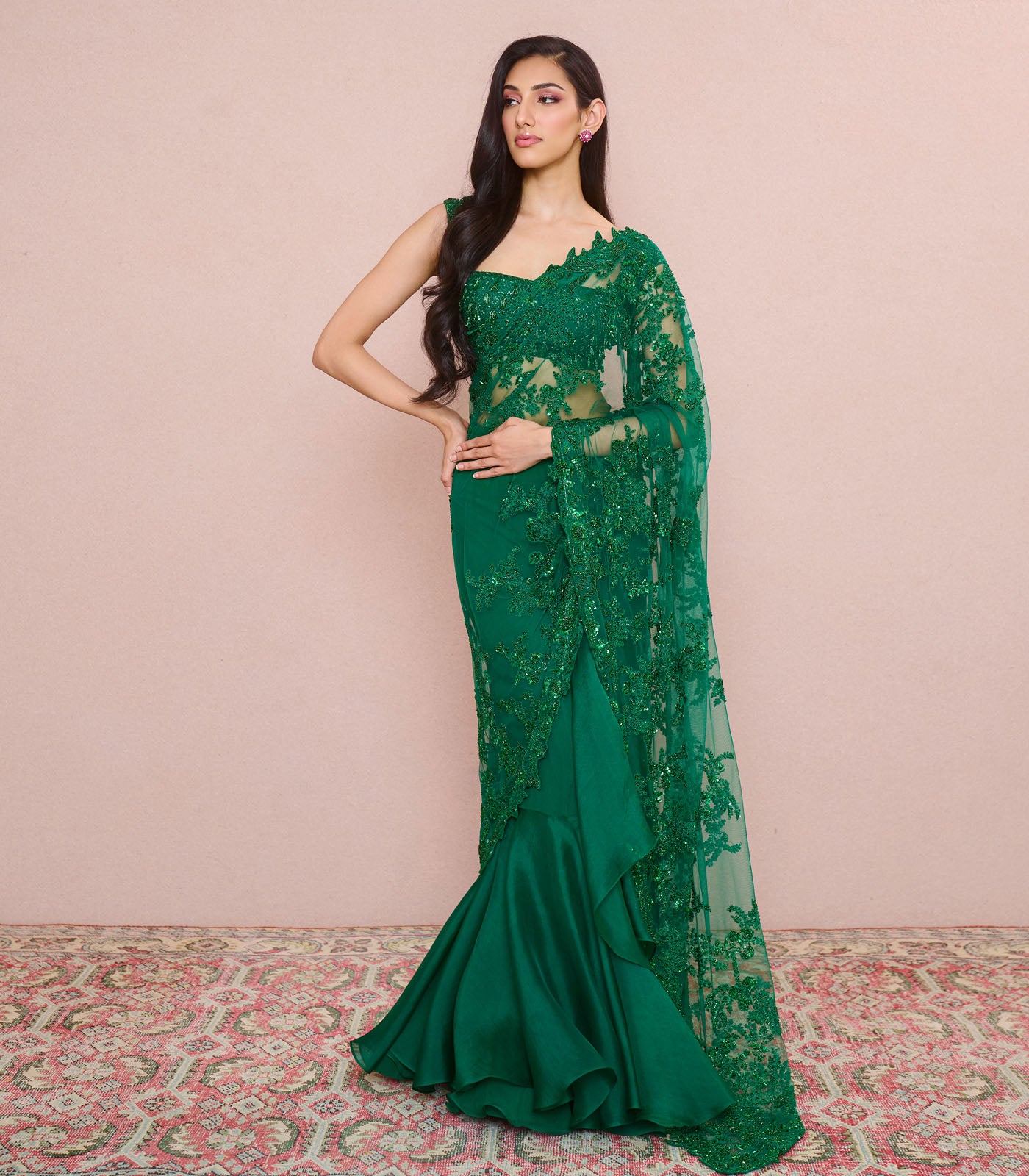 EMERALD GREEN NEW ATHENA RUFFLE SAREE SET