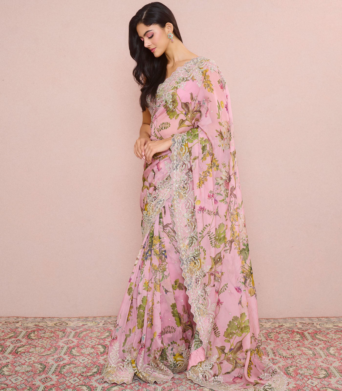 PINK PRINTED SHAR SAREE SET