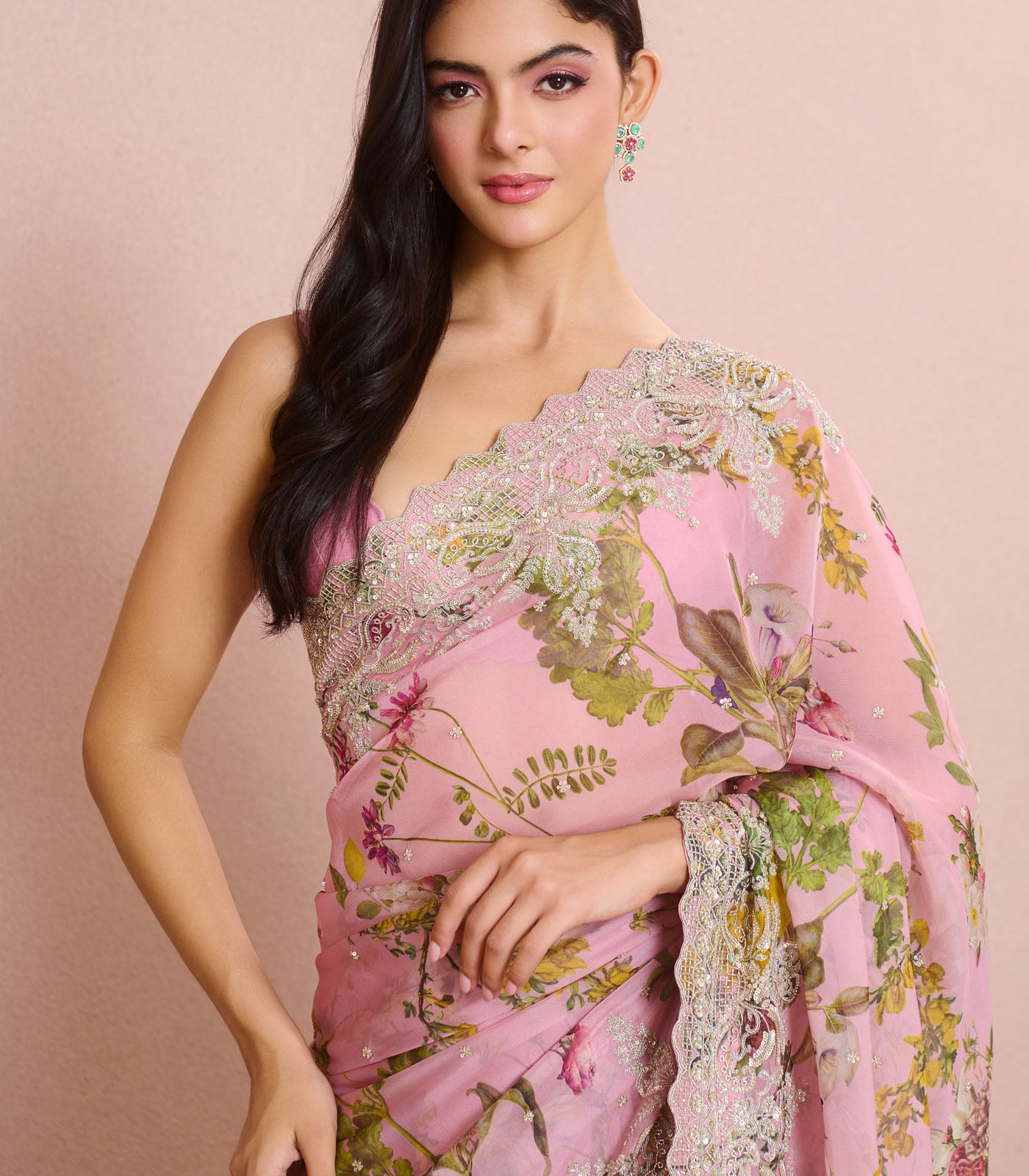 PINK PRINTED SHAR SAREE SET