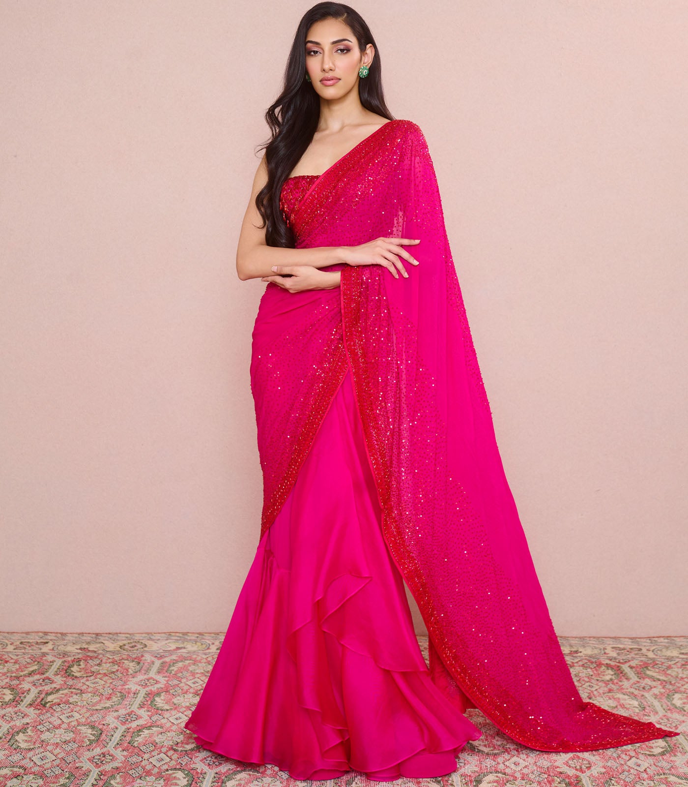 RED ON RED CUTDANA SEQUENCE RUFFLE SAREE SET