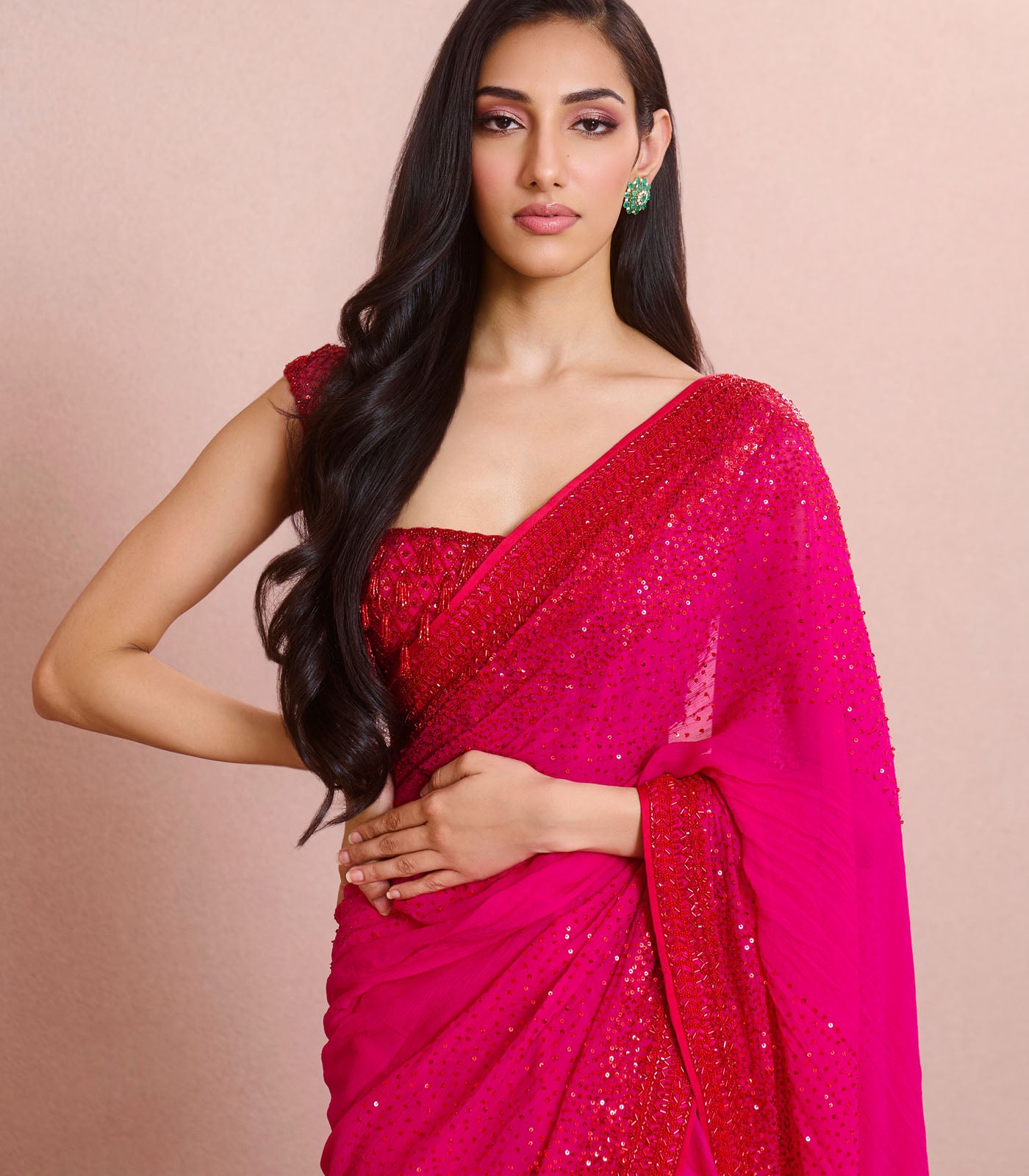 RED ON RED CUTDANA SEQUENCE RUFFLE SAREE SET