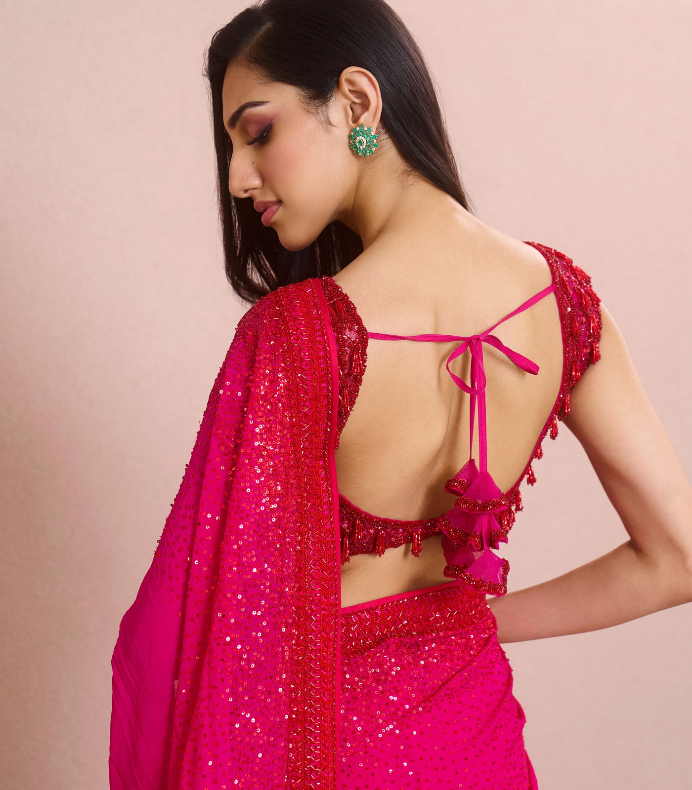 RED ON RED CUTDANA SEQUENCE RUFFLE SAREE SET