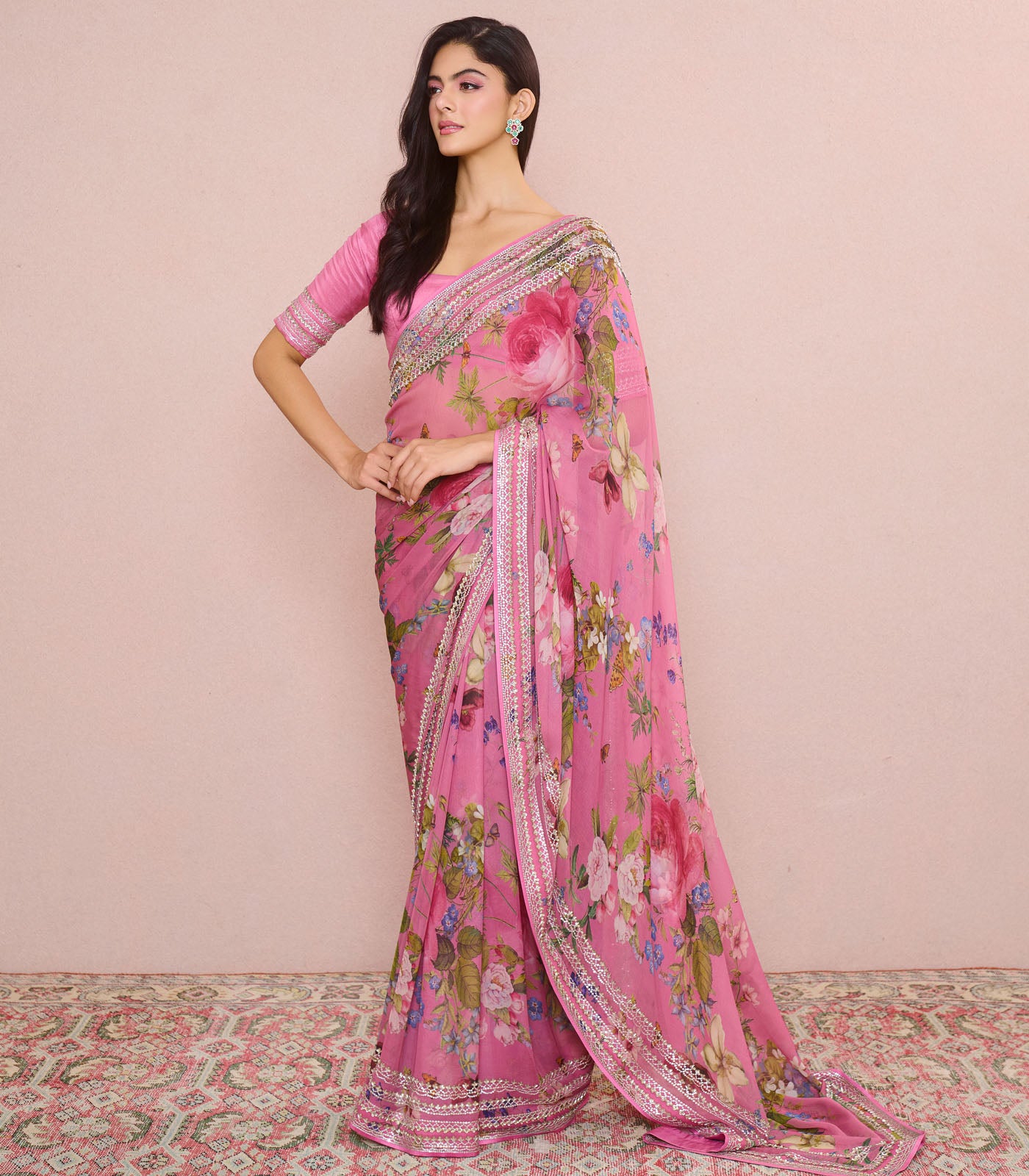 PINK PRINTED 4 LINE SEQUIN SAREE SET