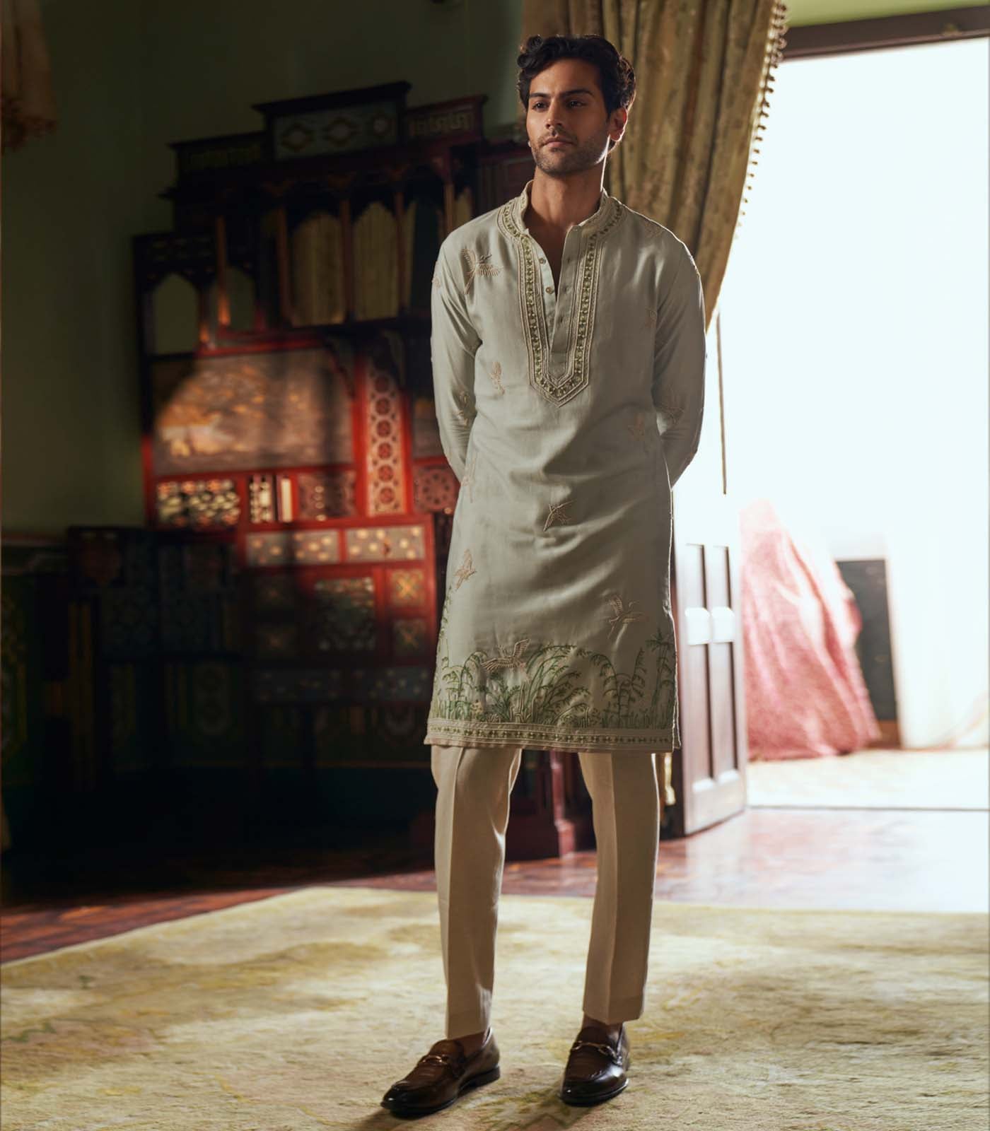 PISTA GREEN CHANDERI KURTA SET
