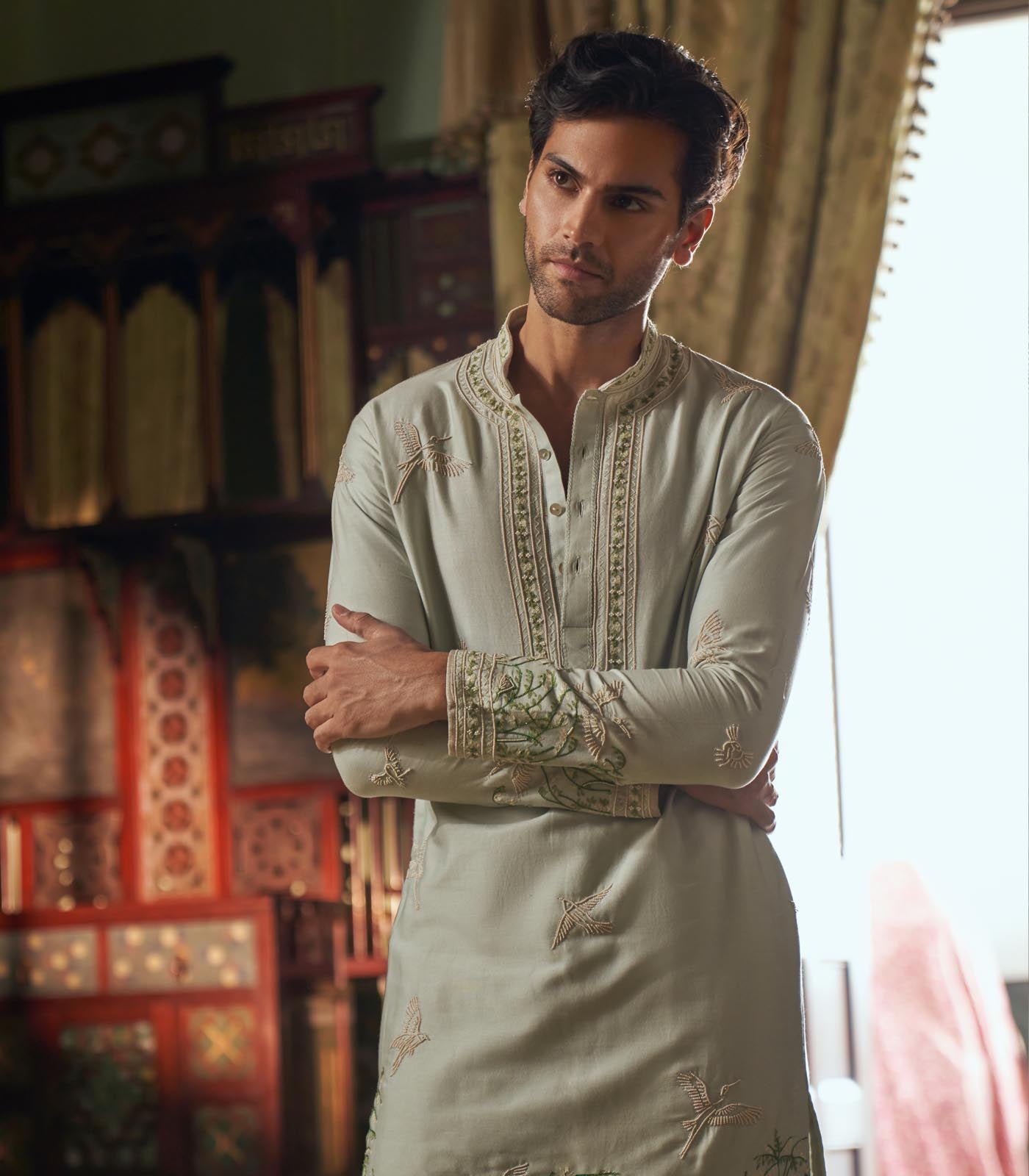 PISTA GREEN CHANDERI KURTA SET