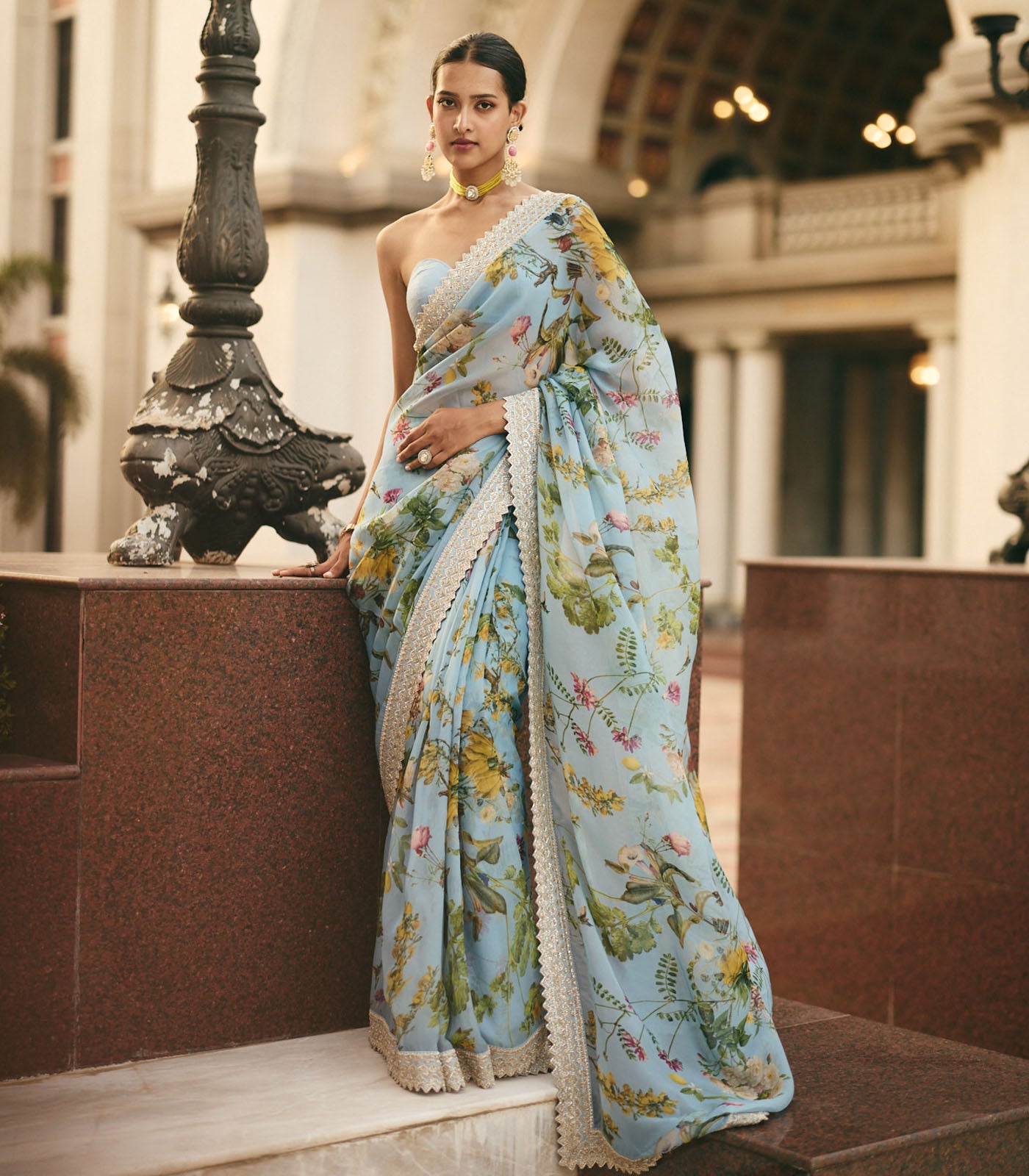 Powder Blue Printed Saree Set